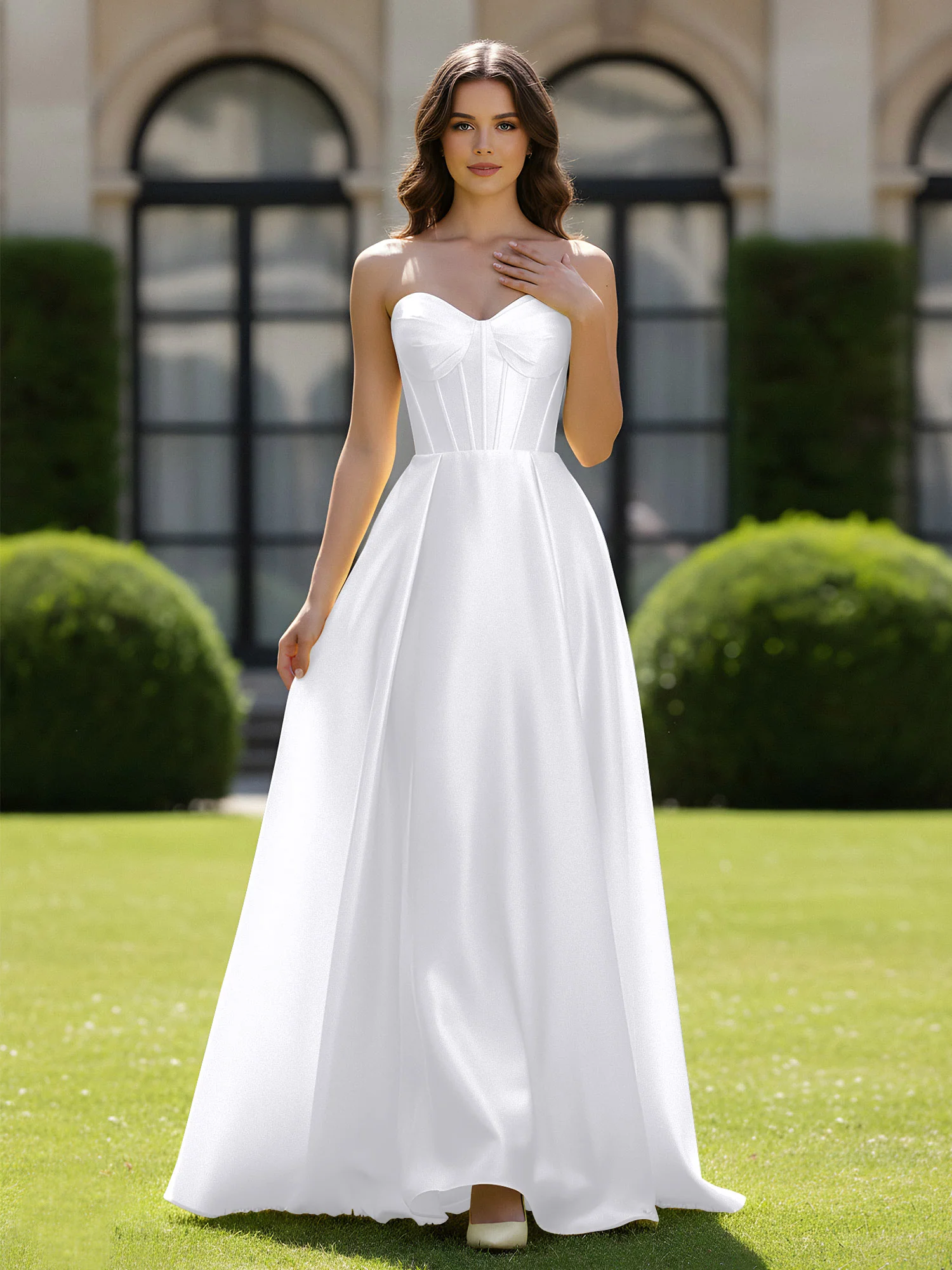 A-Line Sweetheart Satin Zipper Floor Length Gown White