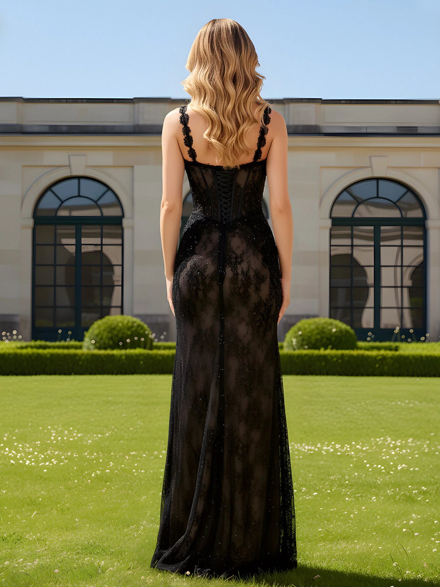 Lace V-Neck Sheath Prom Dress With Slit Black - Image 2