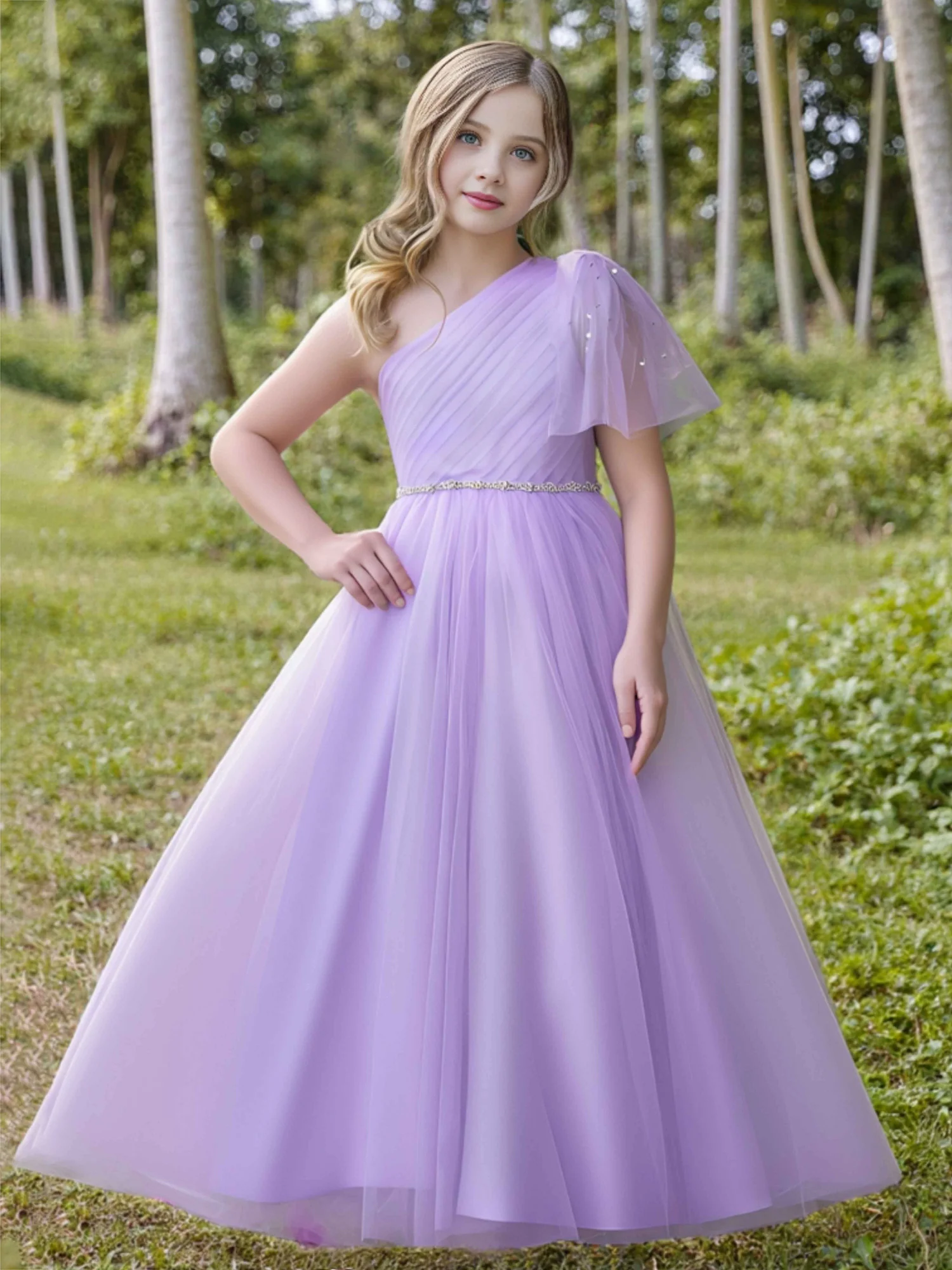 Beaded Waist Tulle Gown Formal Flower Girl Dress Lilac