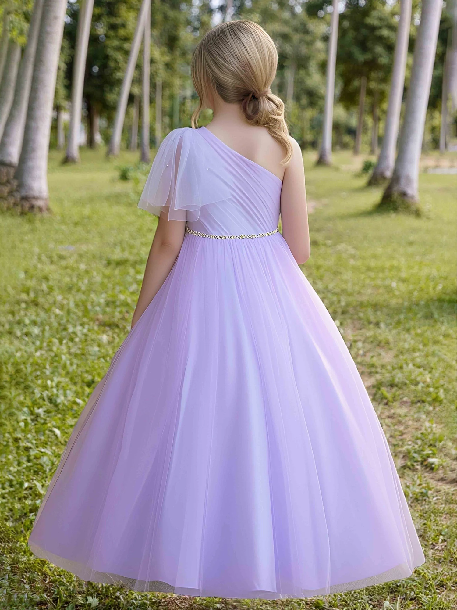 Beaded Waist Tulle Gown Formal Flower Girl Dress Lilac - Image 2