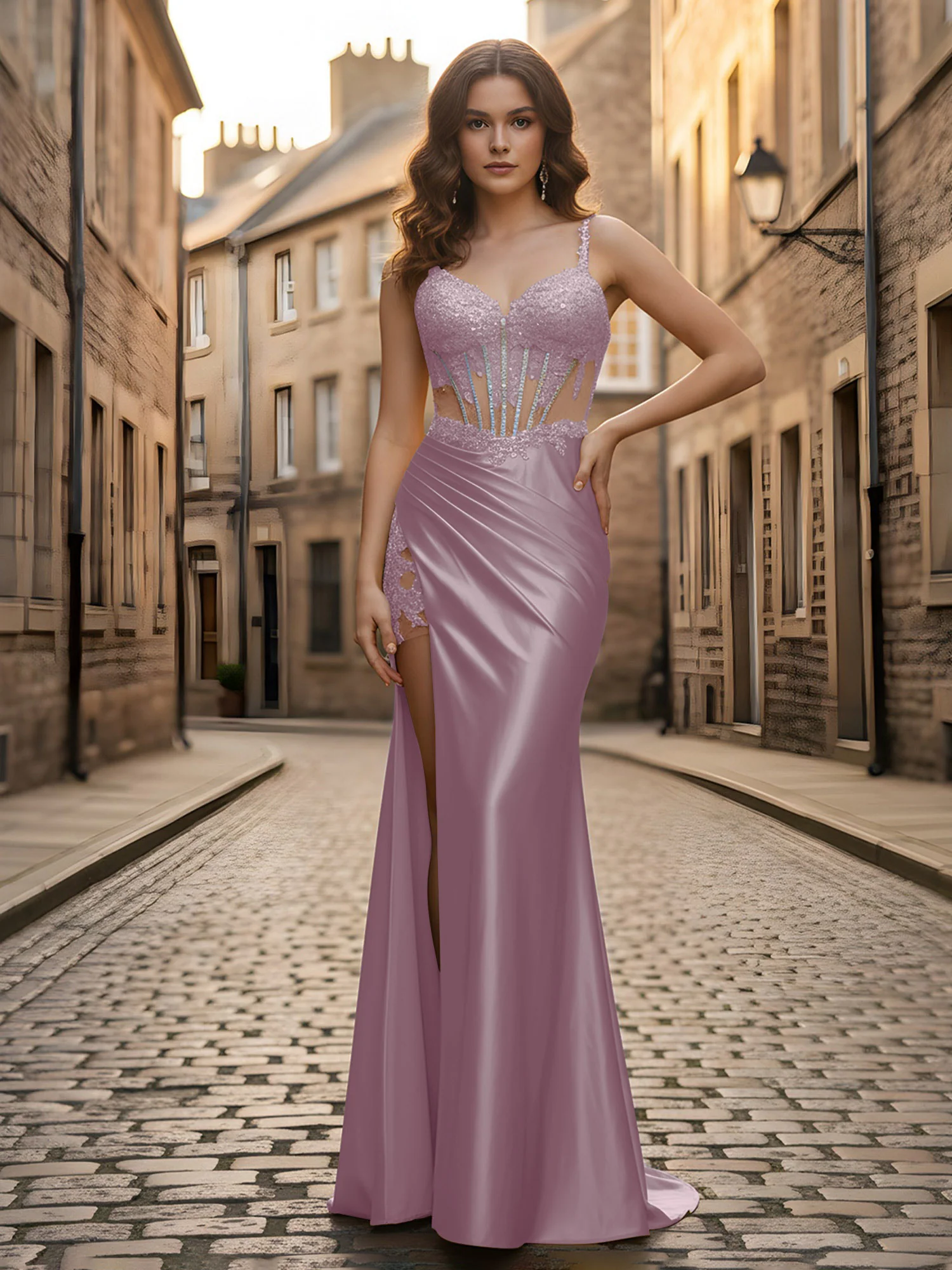 Sweetheart Lace Sequins Sheath Dress With Slit Dusk