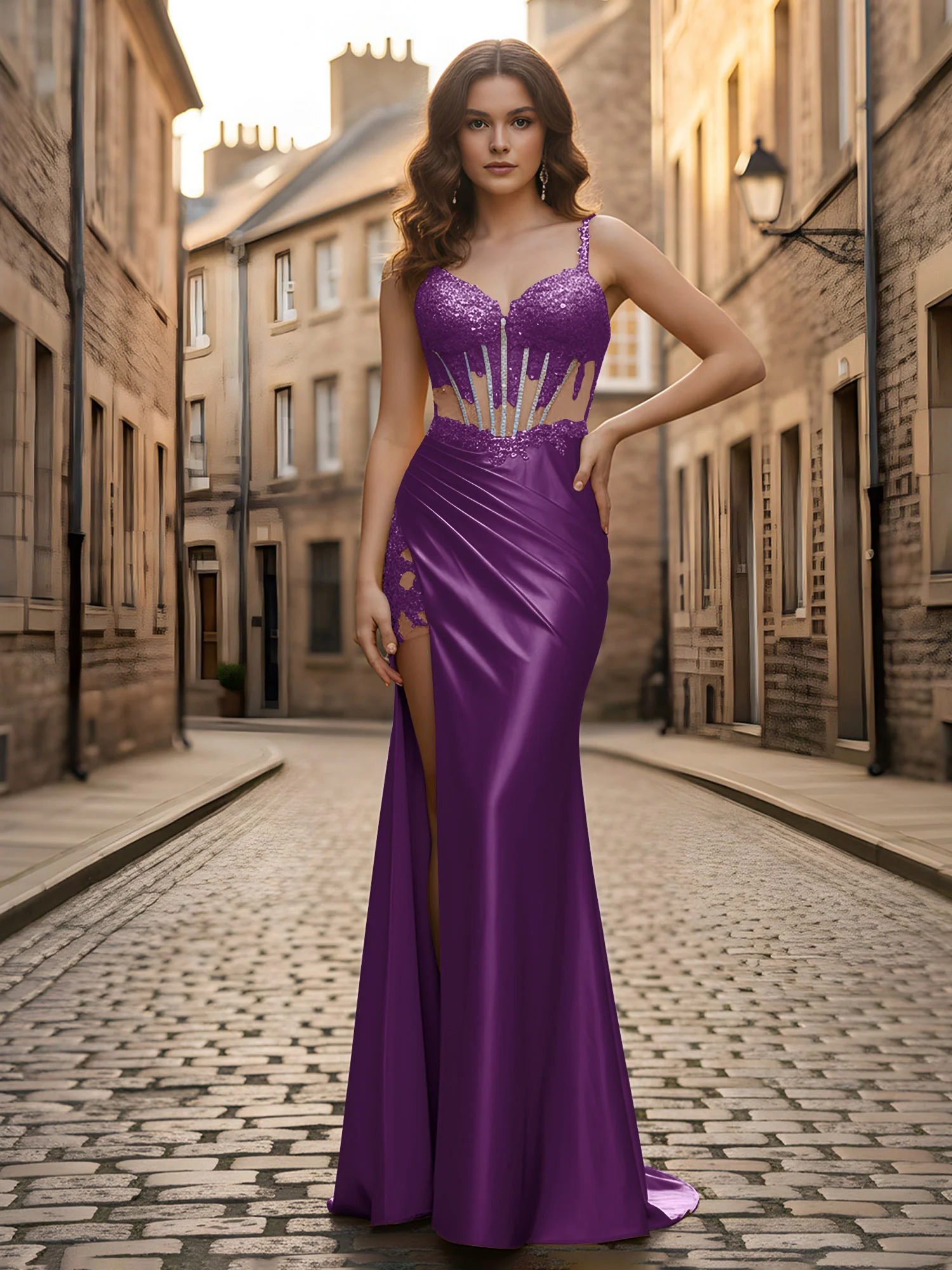 Sweetheart Lace Sequins Sheath Dress With Slit Grape