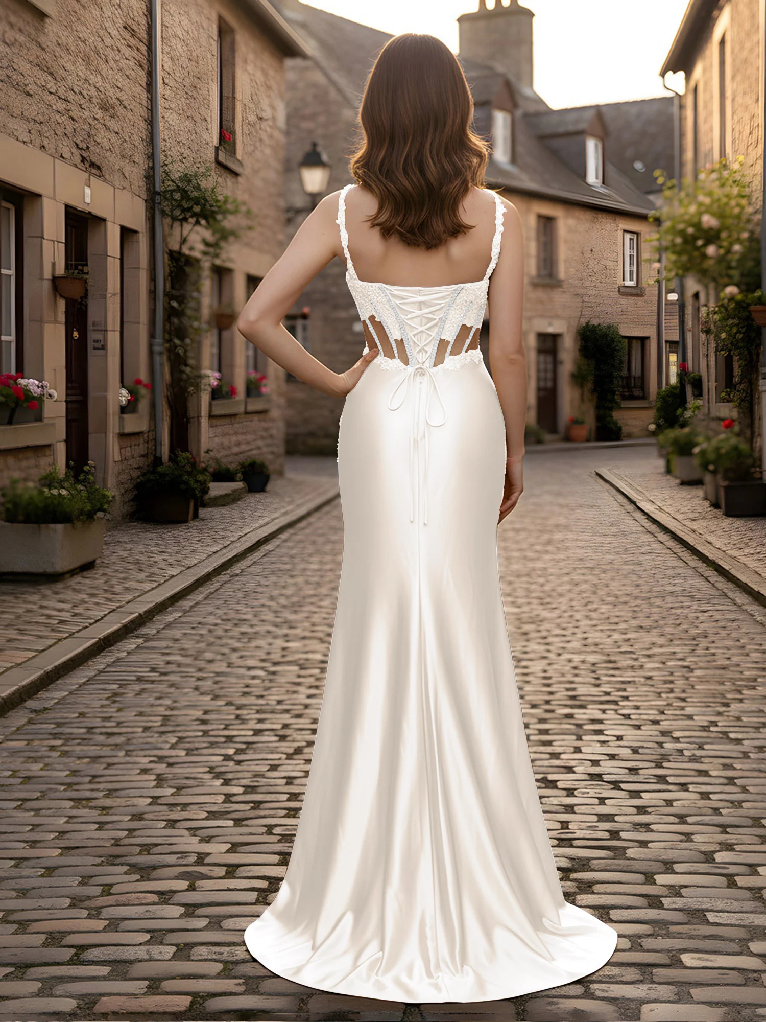 Sweetheart Lace Sequins Sheath Dress With Slit Ivory - Image 2