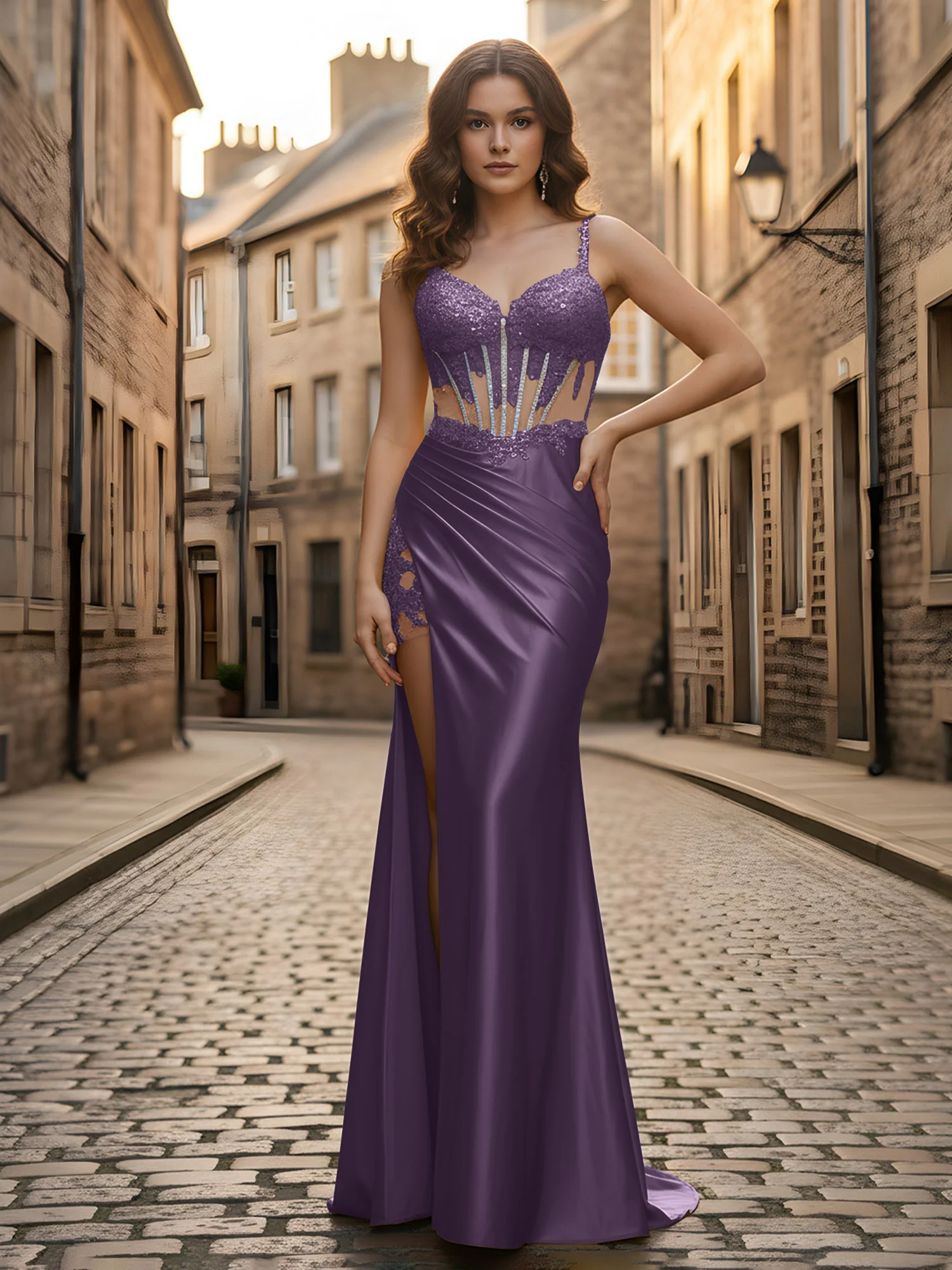 Sweetheart Lace Sequins Sheath Dress With Slit Plum