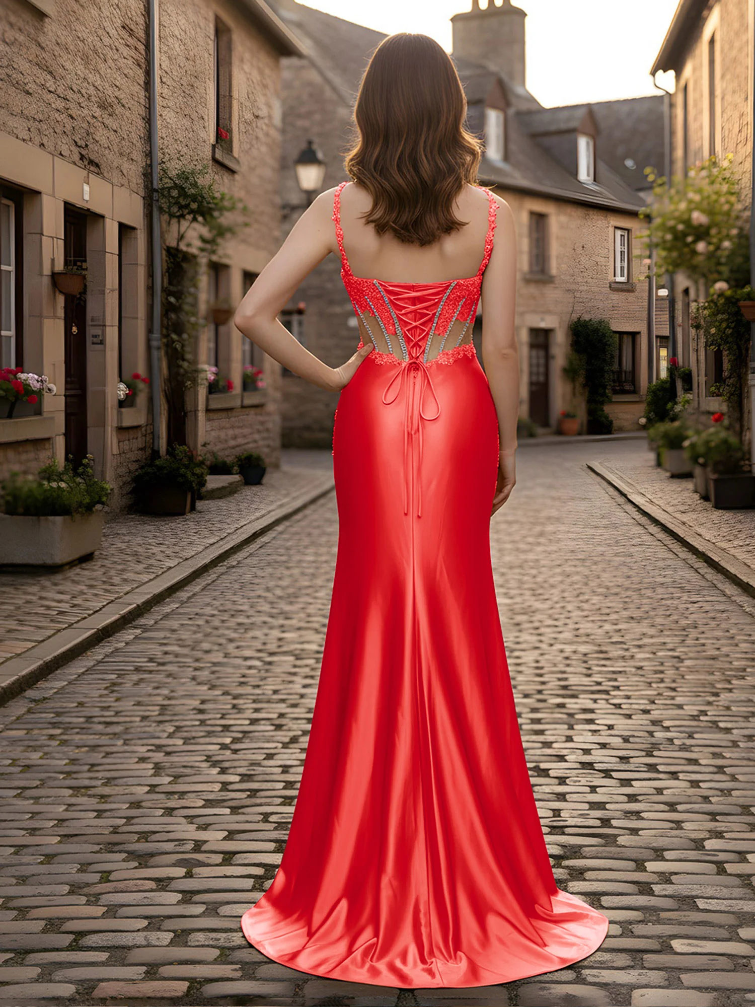 Sweetheart Lace Sequins Sheath Dress With Slit Red - Image 2