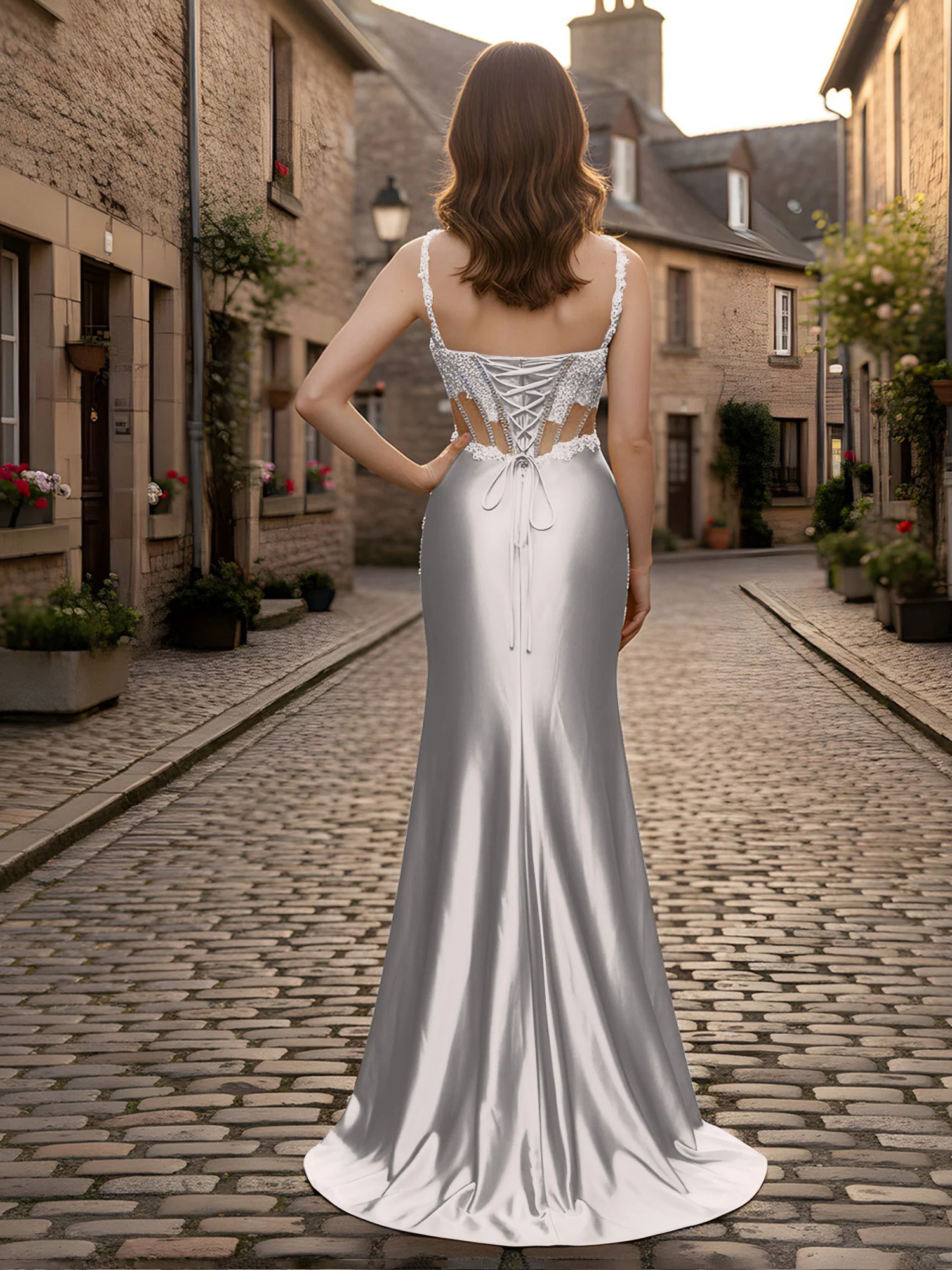 Sweetheart Lace Sequins Sheath Dress With Slit Silver - Image 2