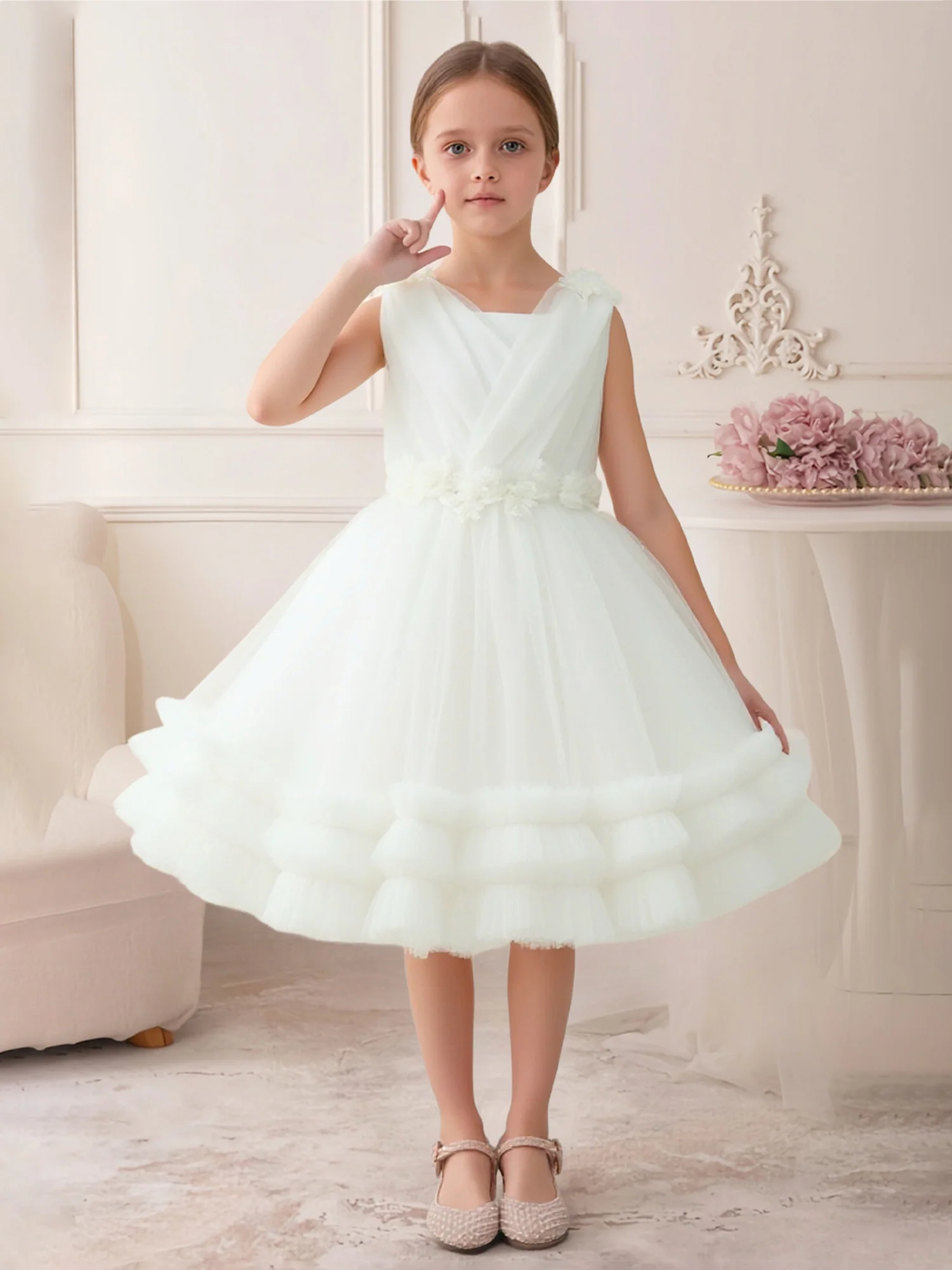 Ruffled Hem Tulle Skirt Big Bow Back Flower Girl Dress Ivory