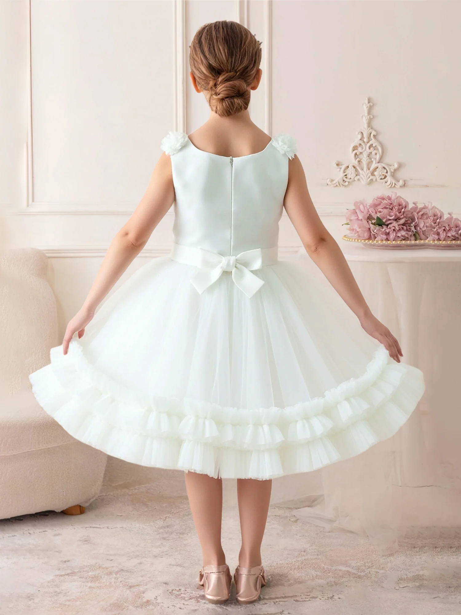 Ruffled Hem Tulle Skirt Big Bow Back Flower Girl Dress Ivory - Image 2