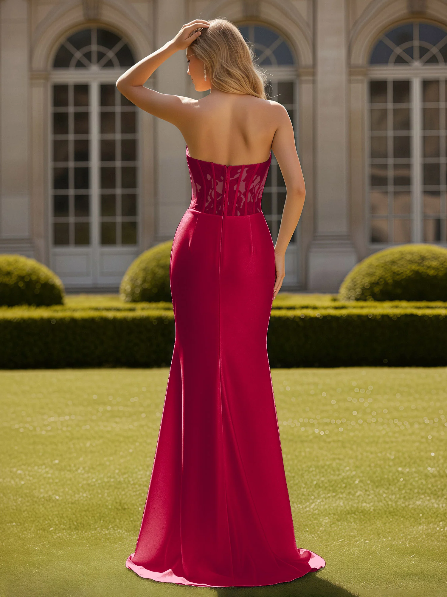 Mermaid Lace Sweetheart Pleated Prom Dress With Slit Burgundy - Image 2