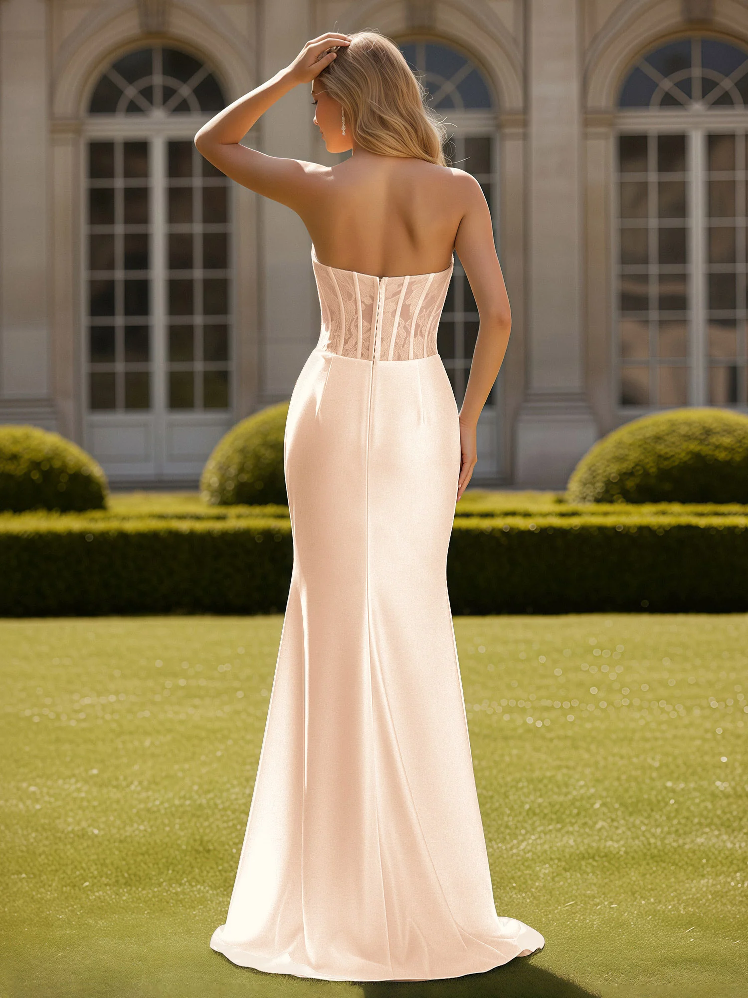 Mermaid Lace Sweetheart Pleated Prom Dress With Slit Champagne - Image 2