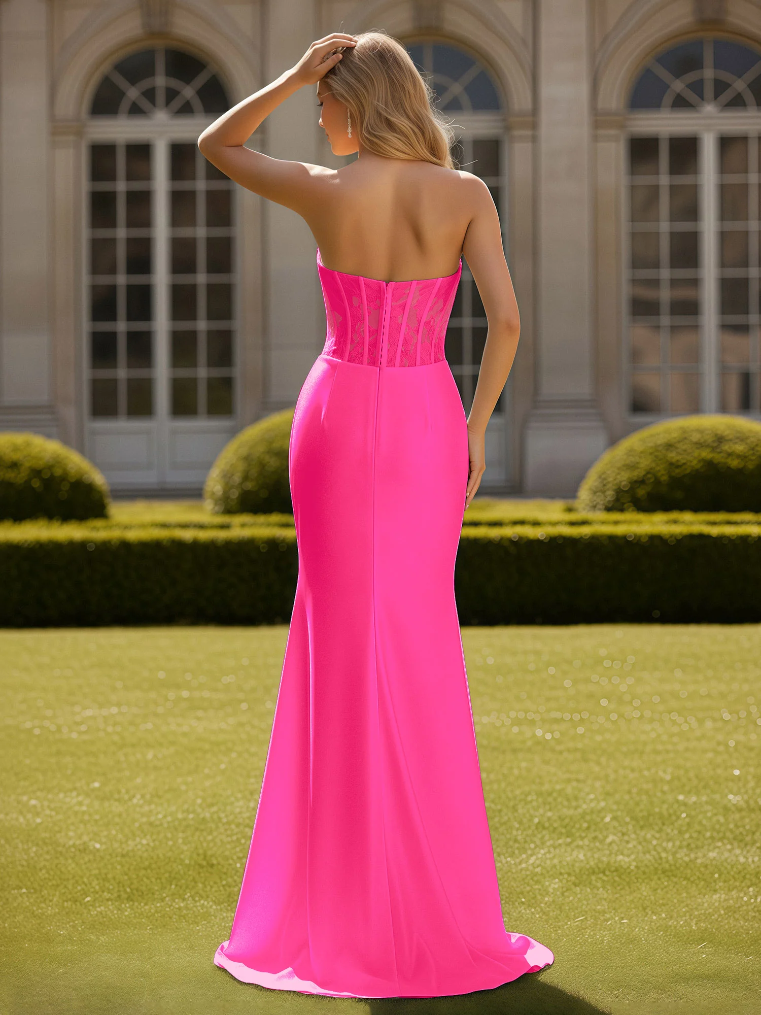 Mermaid Lace Sweetheart Pleated Prom Dress With Slit Fuchsia - Image 2