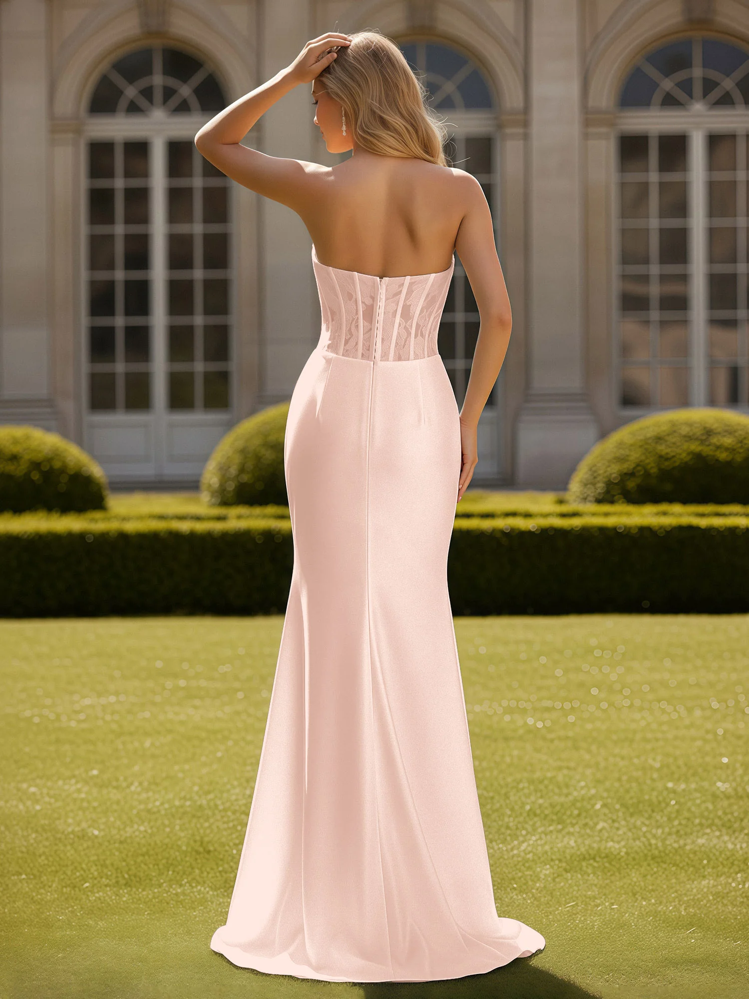 Mermaid Lace Sweetheart Pleated Prom Dress With Slit Pearl Pink - Image 2