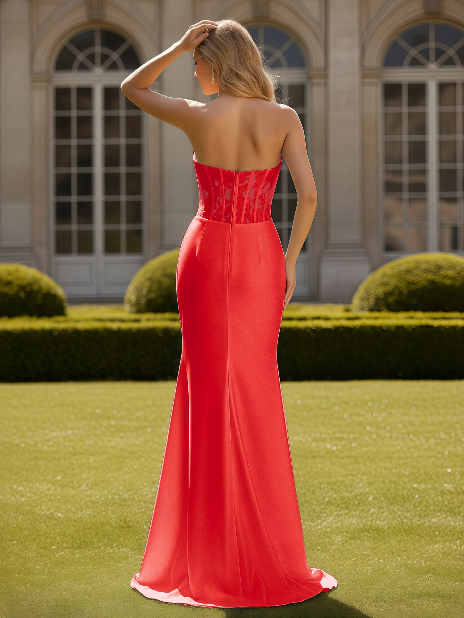 Mermaid Lace Sweetheart Pleated Prom Dress With Slit Red - Image 2