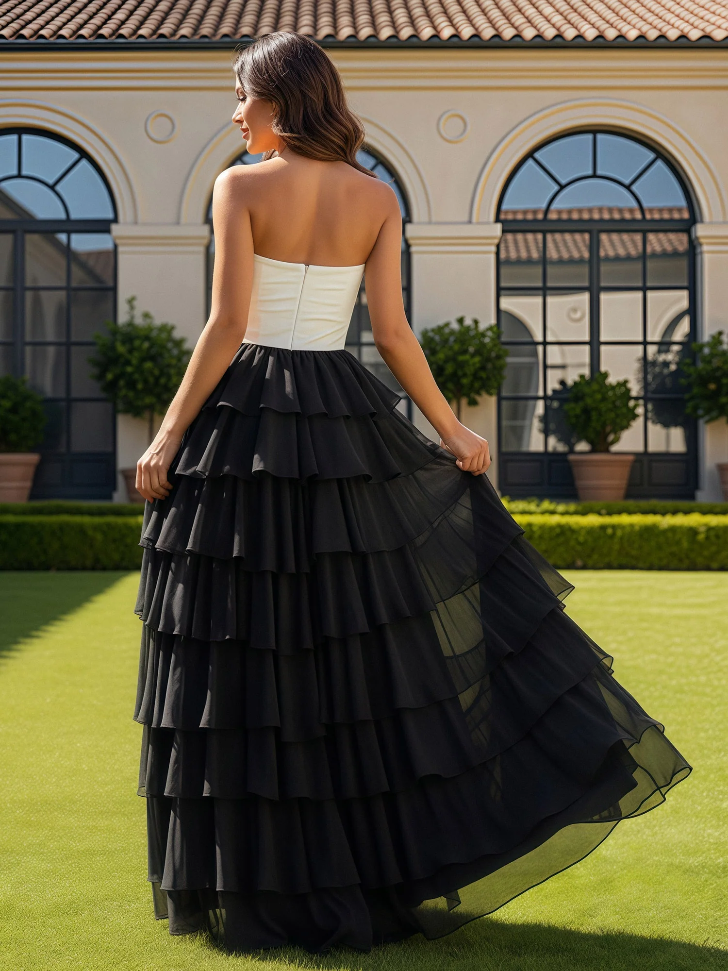 Floor Length Chiffon Ruffle Sweetheart Prom Dress With Slit Black - Image 2