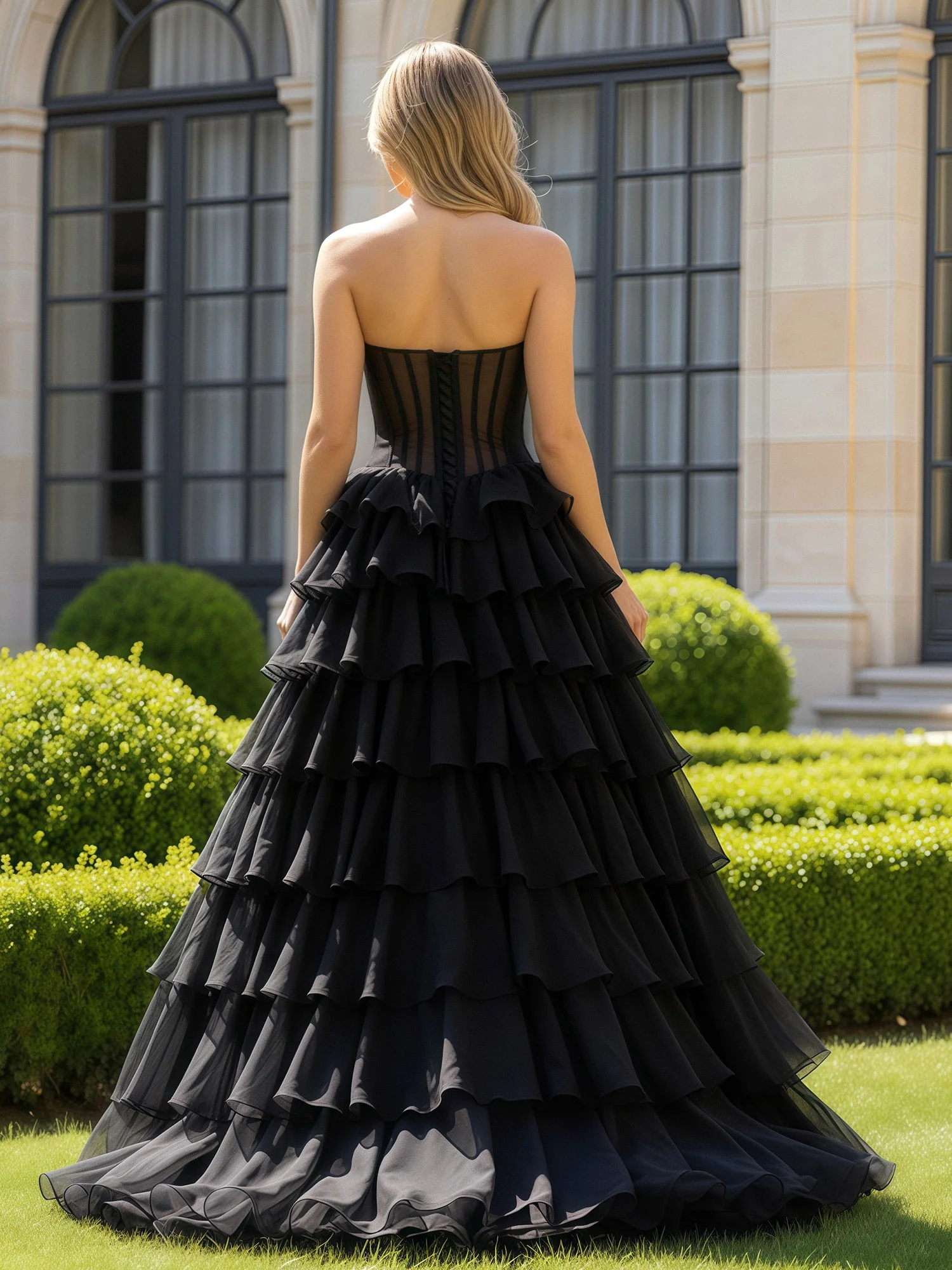 Ball Gown Lace-Up Chiffon Ruffle Prom Dress With Slit Black - Image 2
