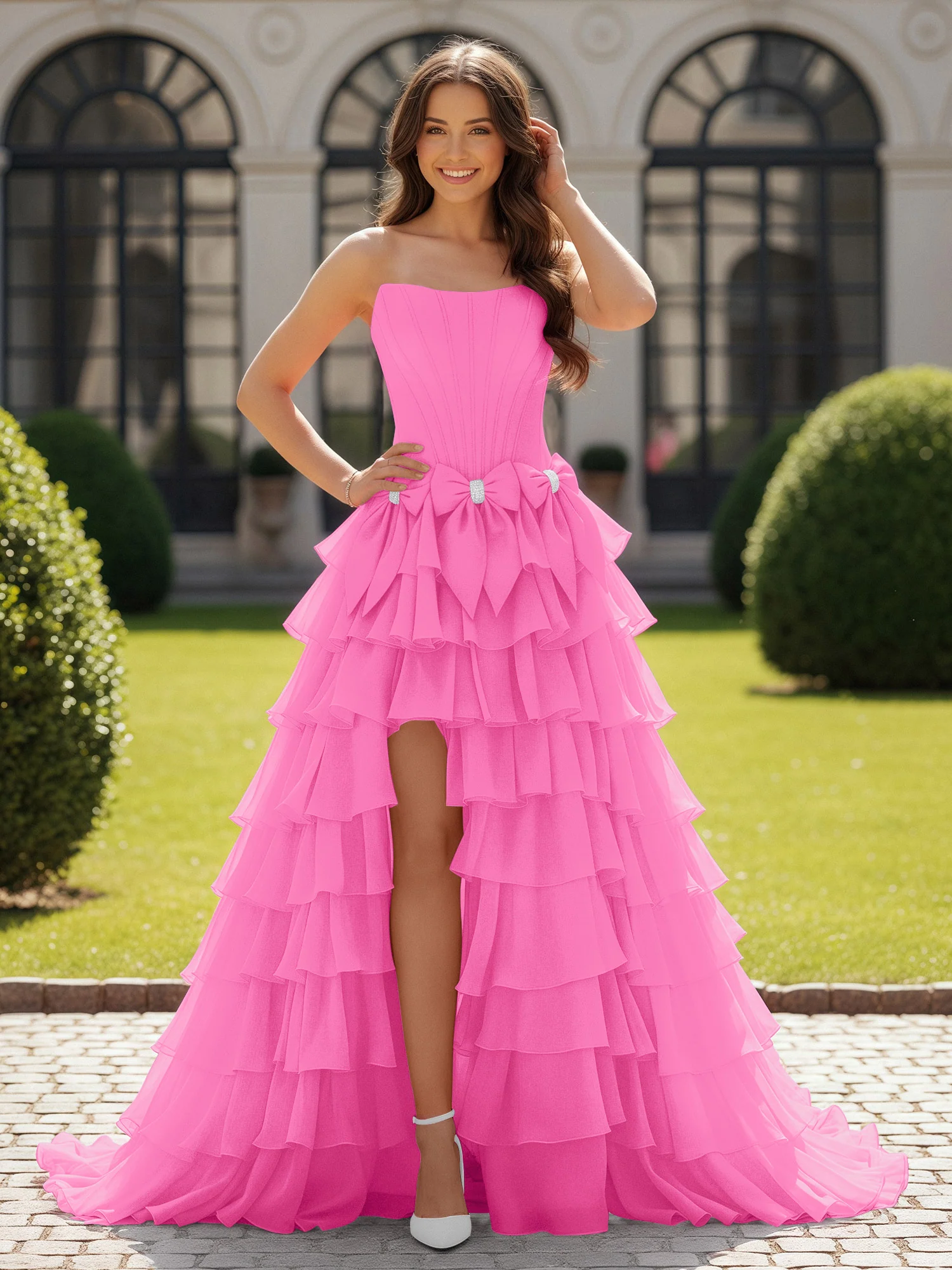 Ball Gown Strapless Chiffon Ruffle Prom Dress With Bow Azalea