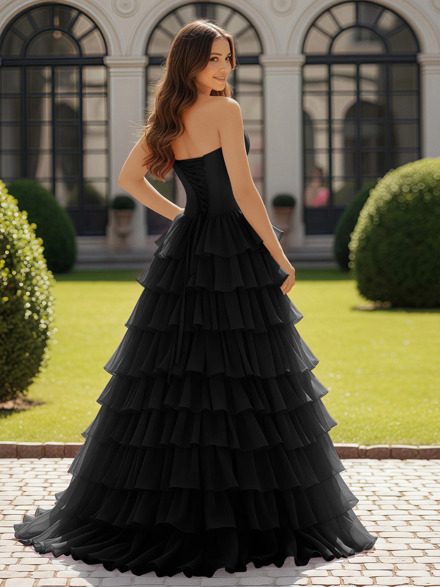 Ball Gown Strapless Chiffon Ruffle Prom Dress With Bow Black - Image 2