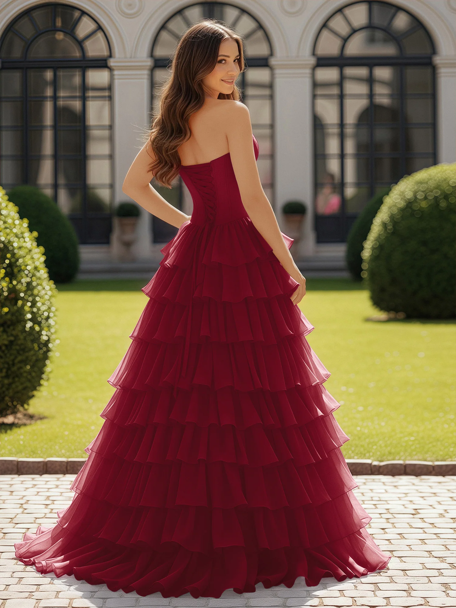 Ball Gown Strapless Chiffon Ruffle Prom Dress With Bow Burgundy - Image 2