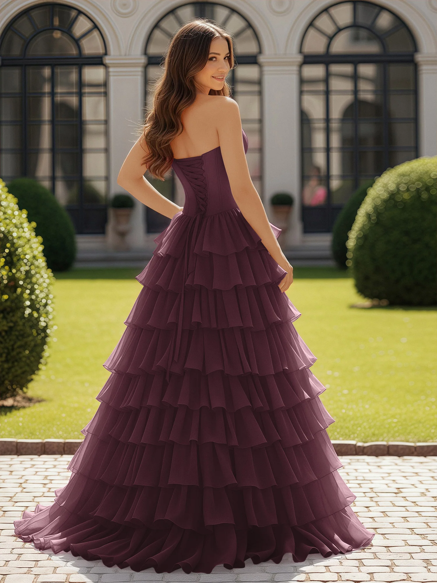 Ball Gown Strapless Chiffon Ruffle Prom Dress With Bow Cabernet - Image 2