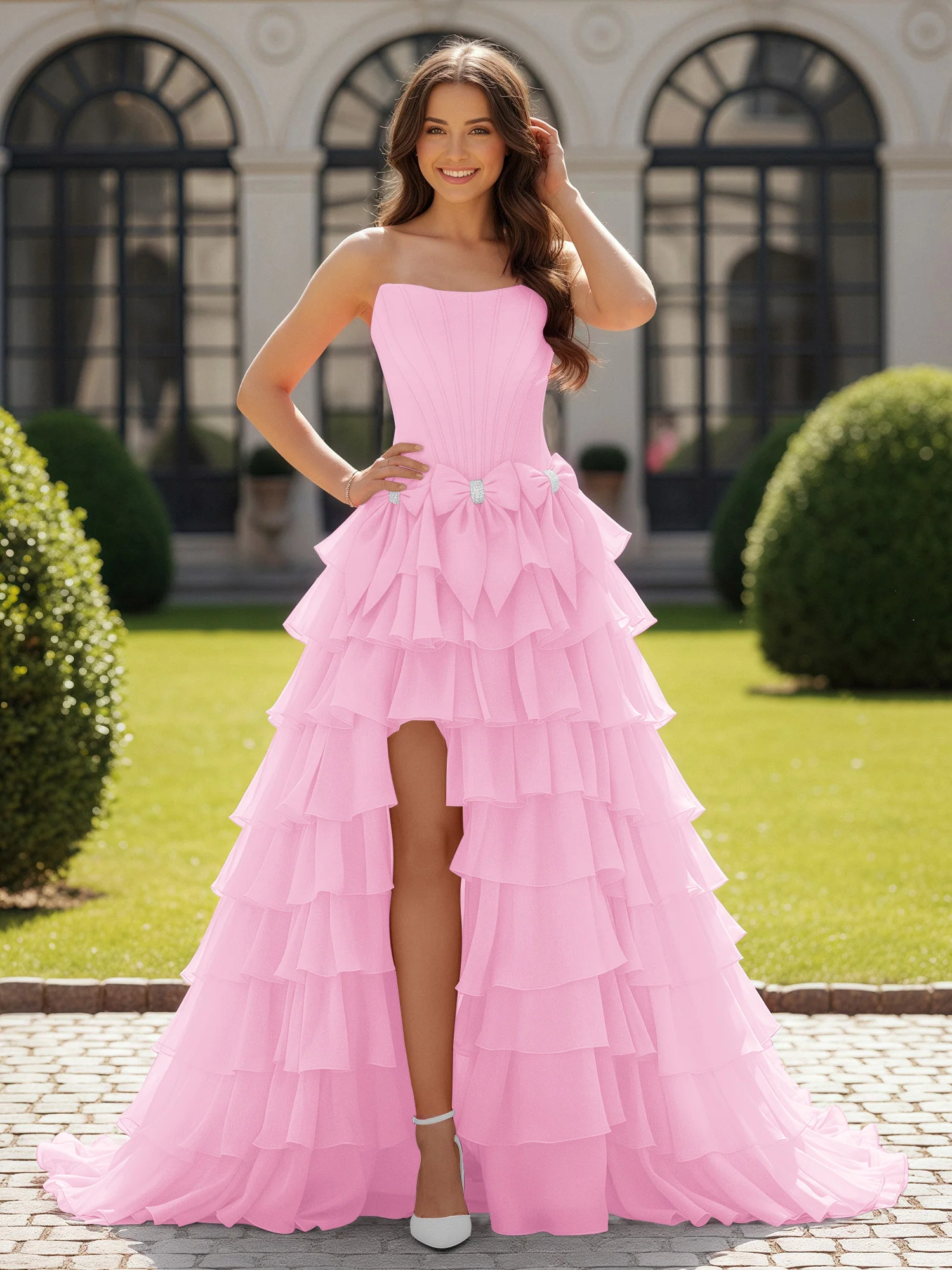 Ball Gown Strapless Chiffon Ruffle Prom Dress With Bow Candy Pink