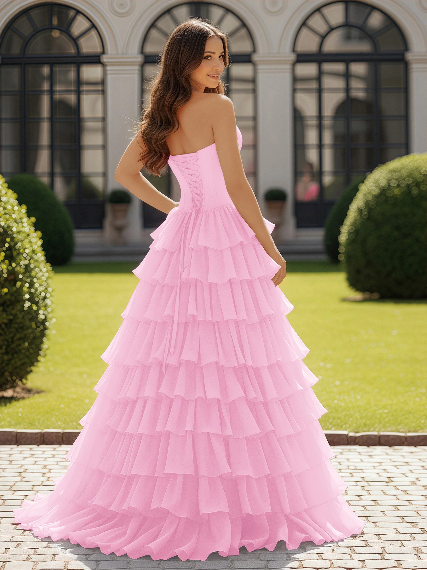 Ball Gown Strapless Chiffon Ruffle Prom Dress With Bow Candy Pink - Image 2