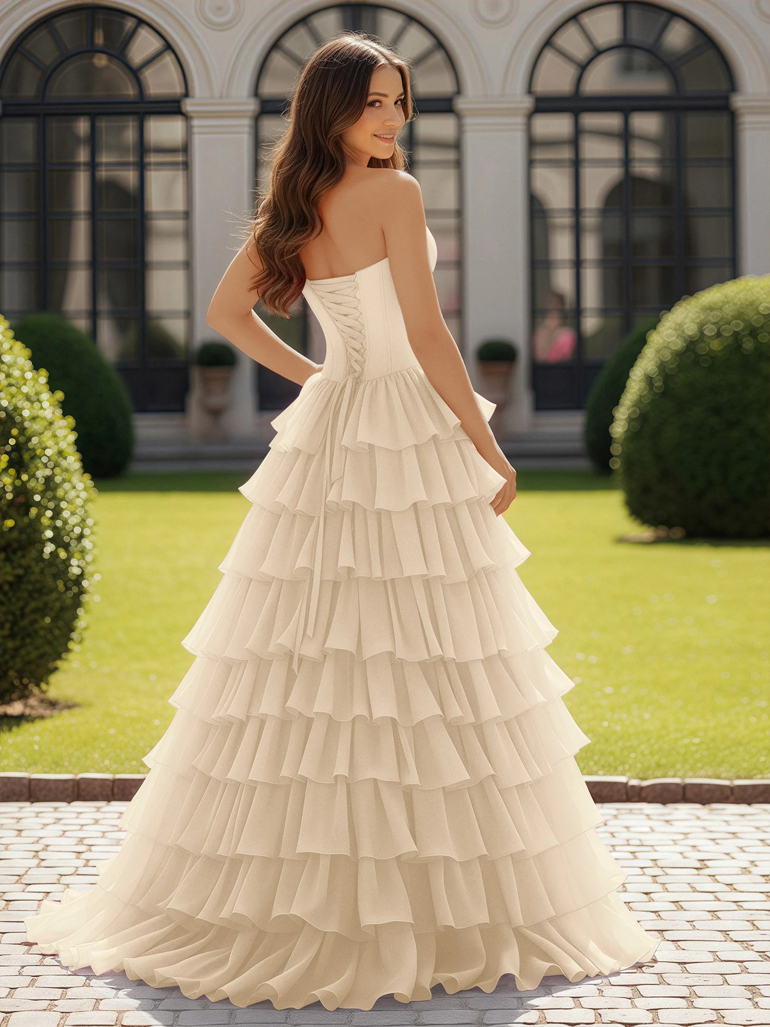 Ball Gown Strapless Chiffon Ruffle Prom Dress With Bow Champagne - Image 2