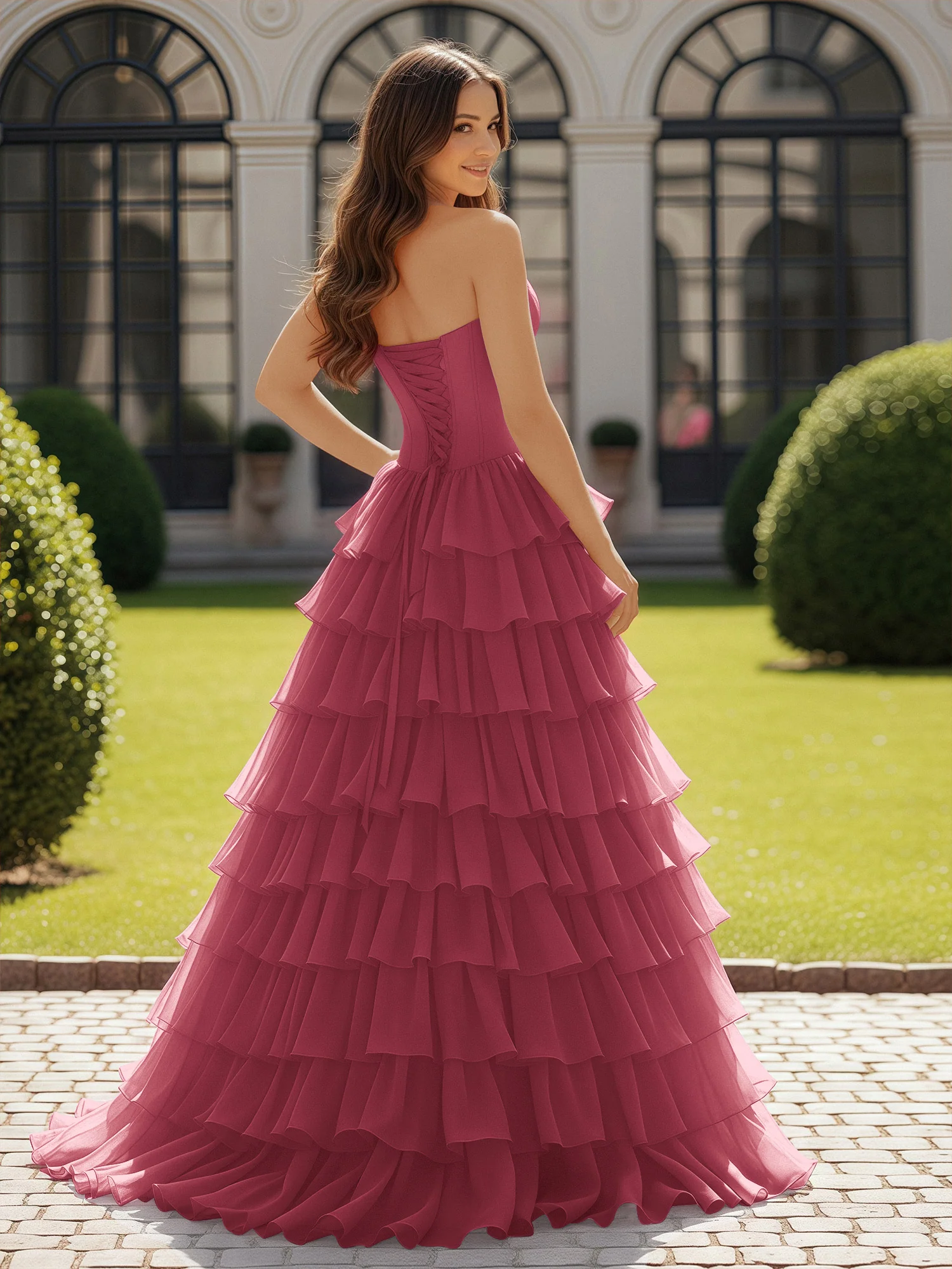 Ball Gown Strapless Chiffon Ruffle Prom Dress With Bow Cinnamon Rose - Image 2