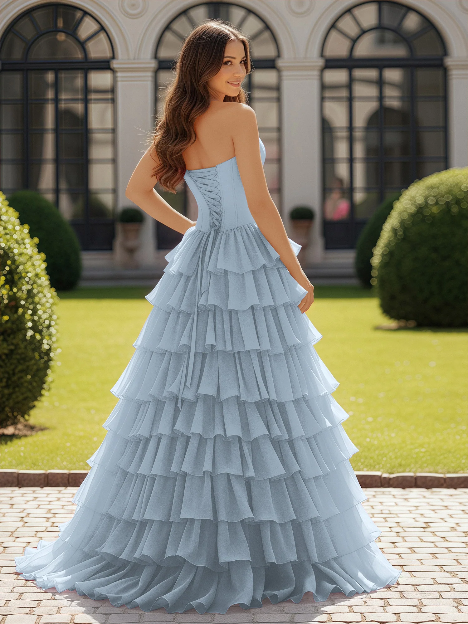 Ball Gown Strapless Chiffon Ruffle Prom Dress With Bow Dusty Blue - Image 2