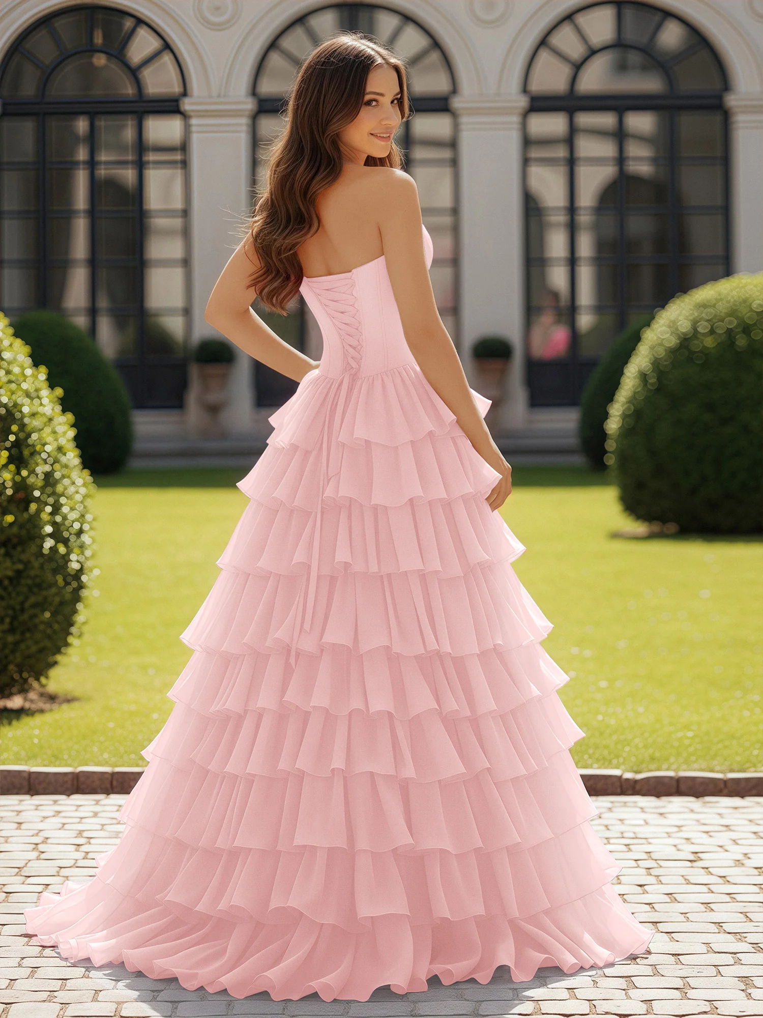 Ball Gown Strapless Chiffon Ruffle Prom Dress With Bow Dusty Rose - Image 2