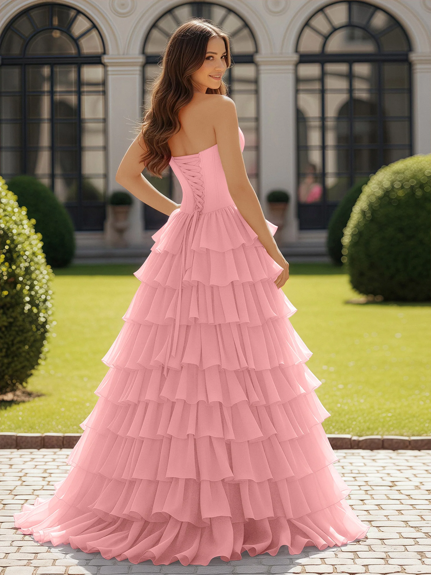Ball Gown Strapless Chiffon Ruffle Prom Dress With Bow Flamingo - Image 2