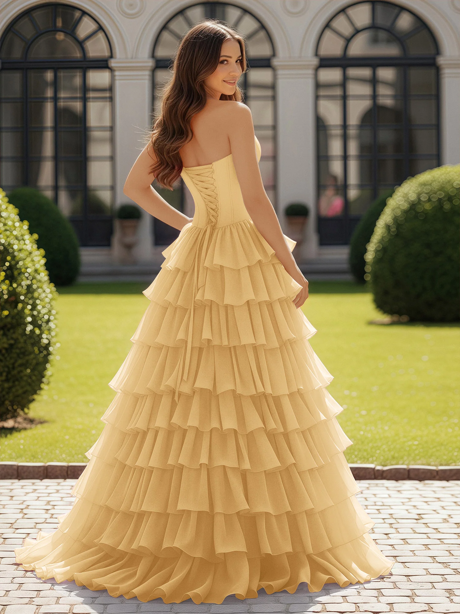 Ball Gown Strapless Chiffon Ruffle Prom Dress With Bow Gold - Image 2