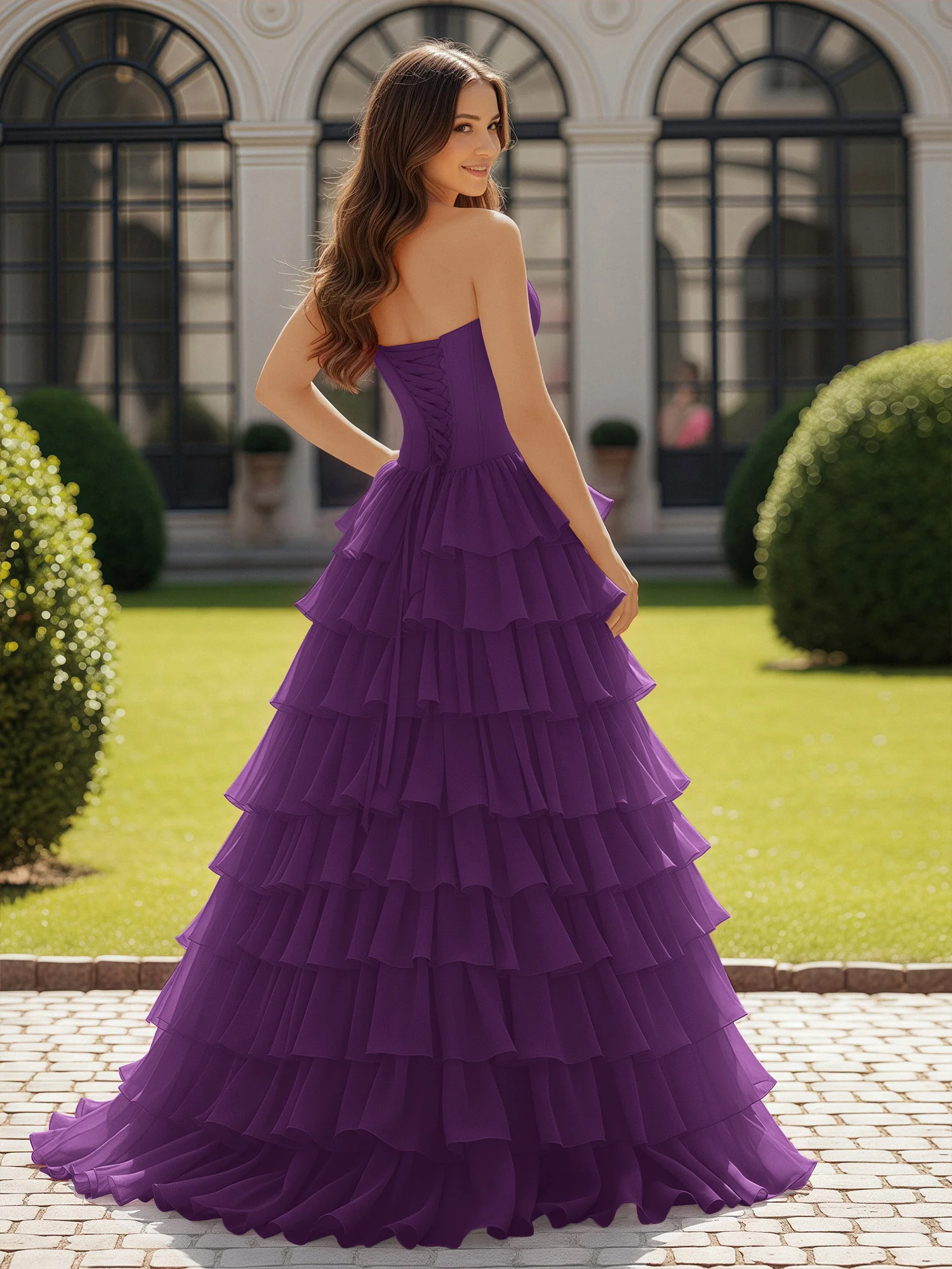 Ball Gown Strapless Chiffon Ruffle Prom Dress With Bow Grape - Image 2