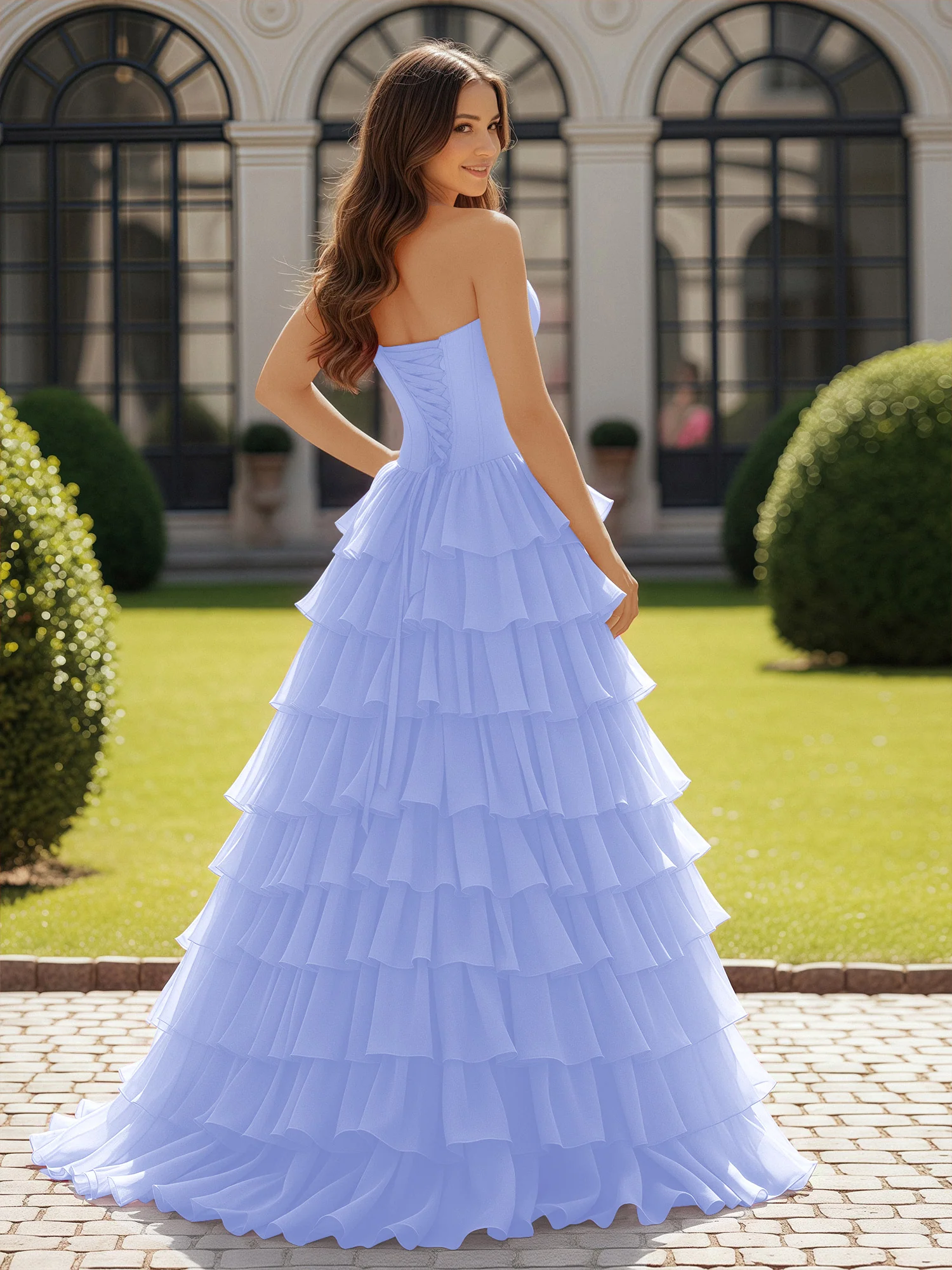 Ball Gown Strapless Chiffon Ruffle Prom Dress With Bow Lavender - Image 2