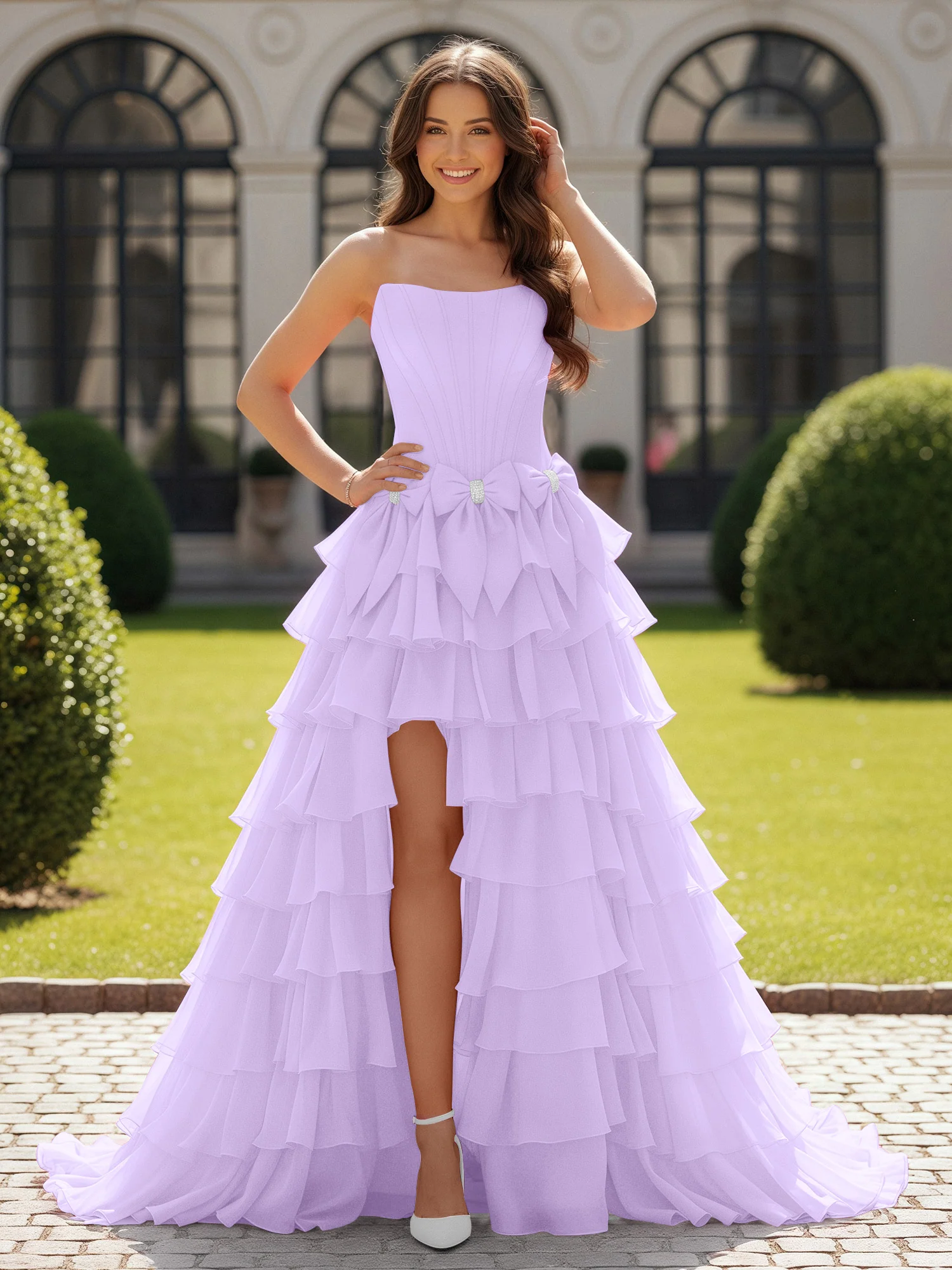 Ball Gown Strapless Chiffon Ruffle Prom Dress With Bow Lilac