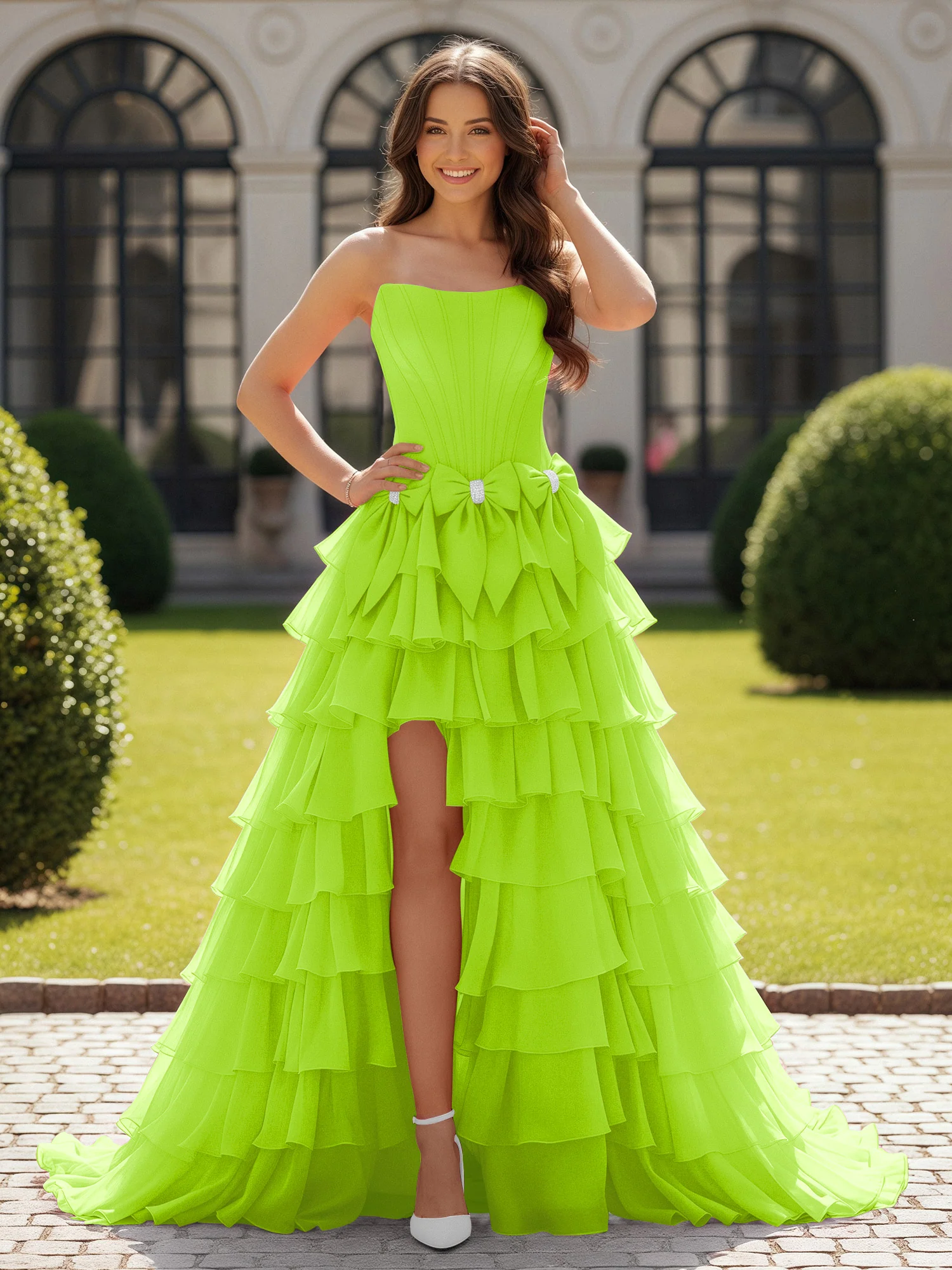 Ball Gown Strapless Chiffon Ruffle Prom Dress With Bow Lime Green