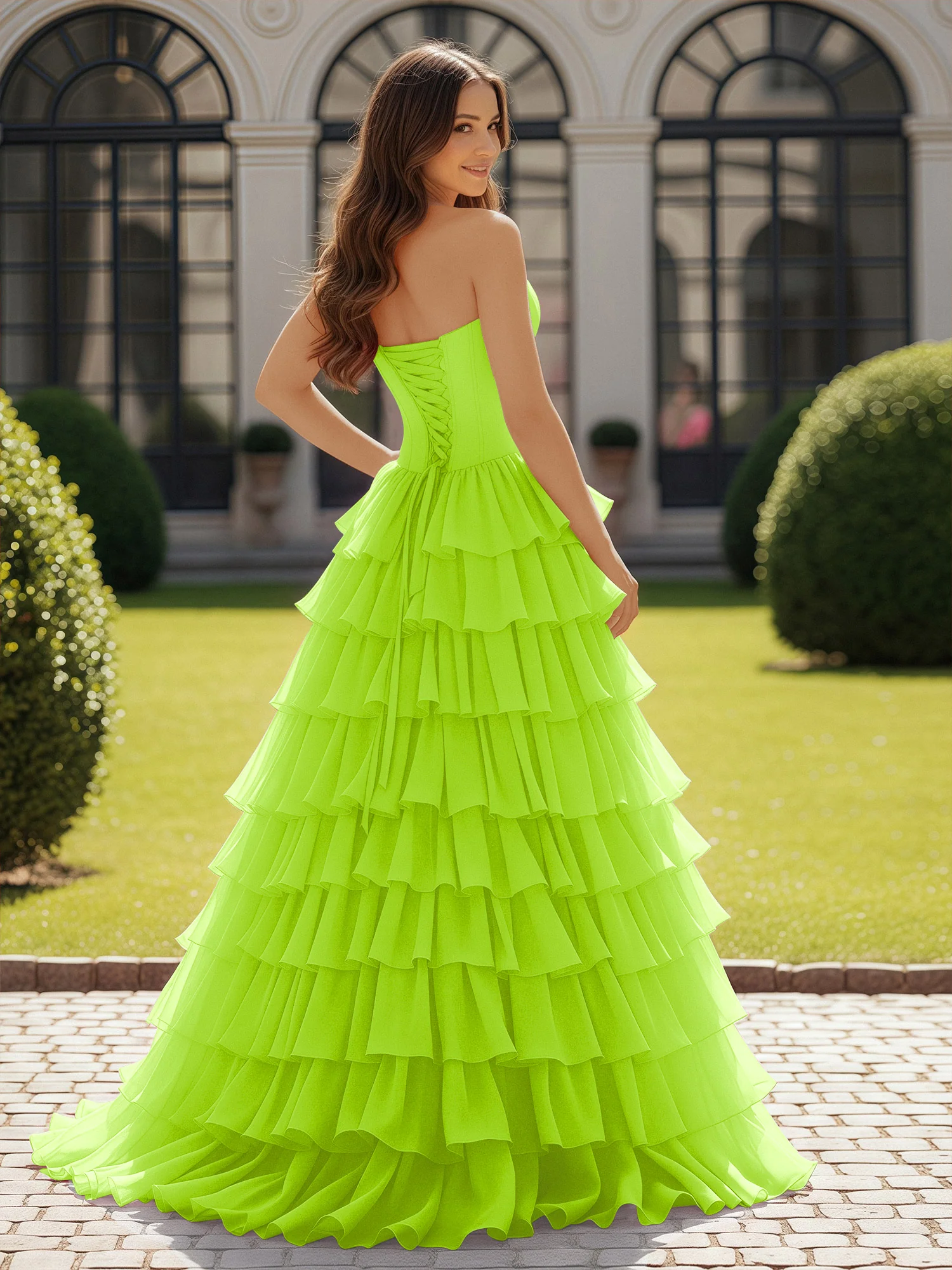 Ball Gown Strapless Chiffon Ruffle Prom Dress With Bow Lime Green - Image 2