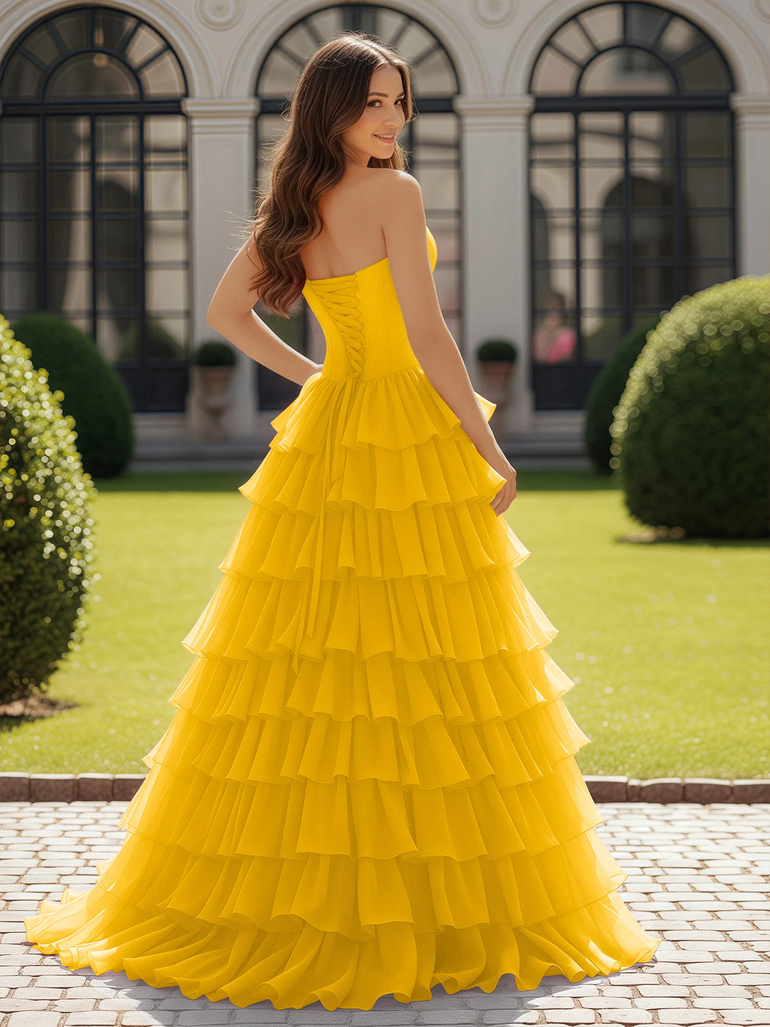 Ball Gown Strapless Chiffon Ruffle Prom Dress With Bow Marigold - Image 2