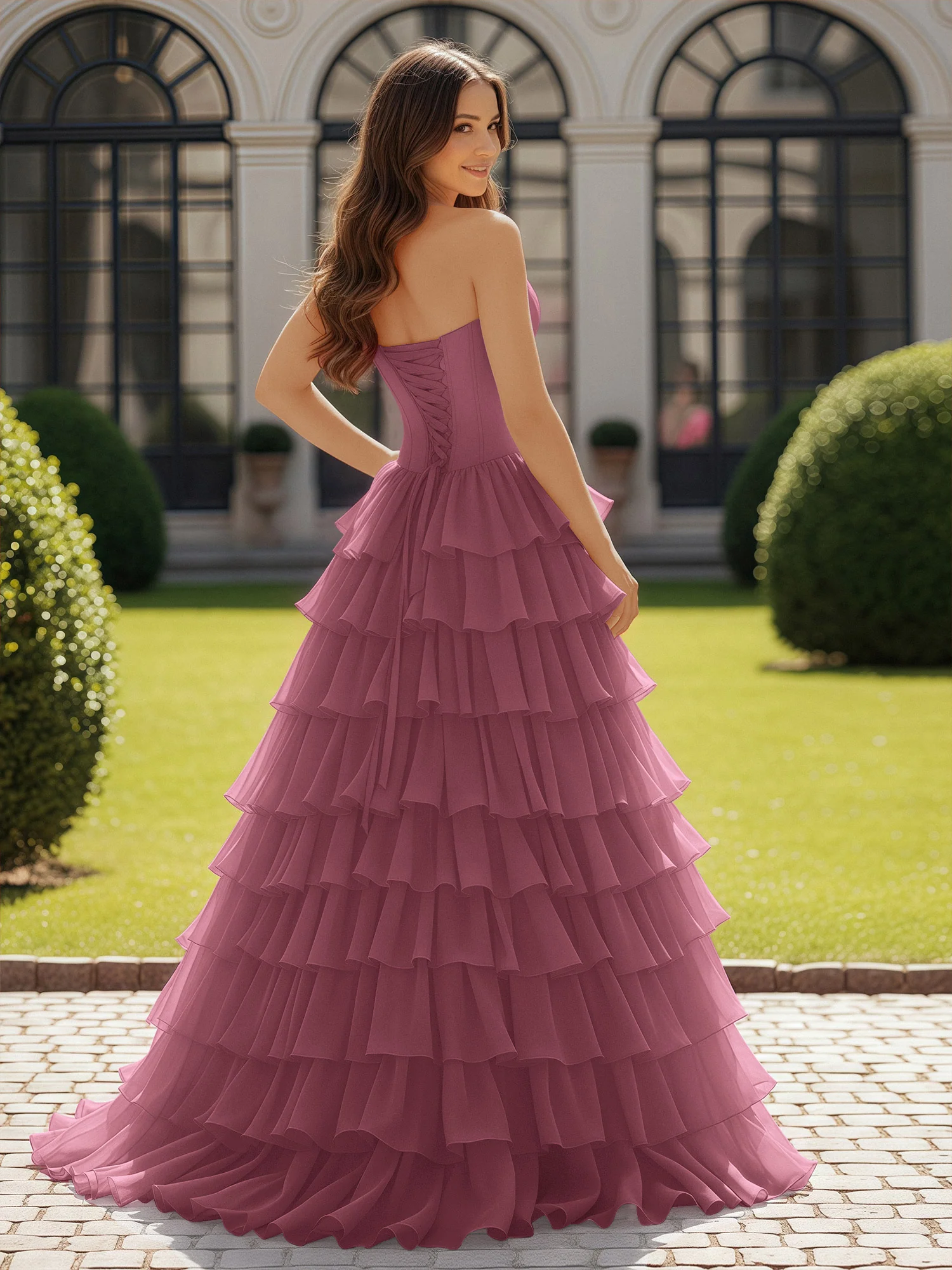 Ball Gown Strapless Chiffon Ruffle Prom Dress With Bow Mulberry - Image 2