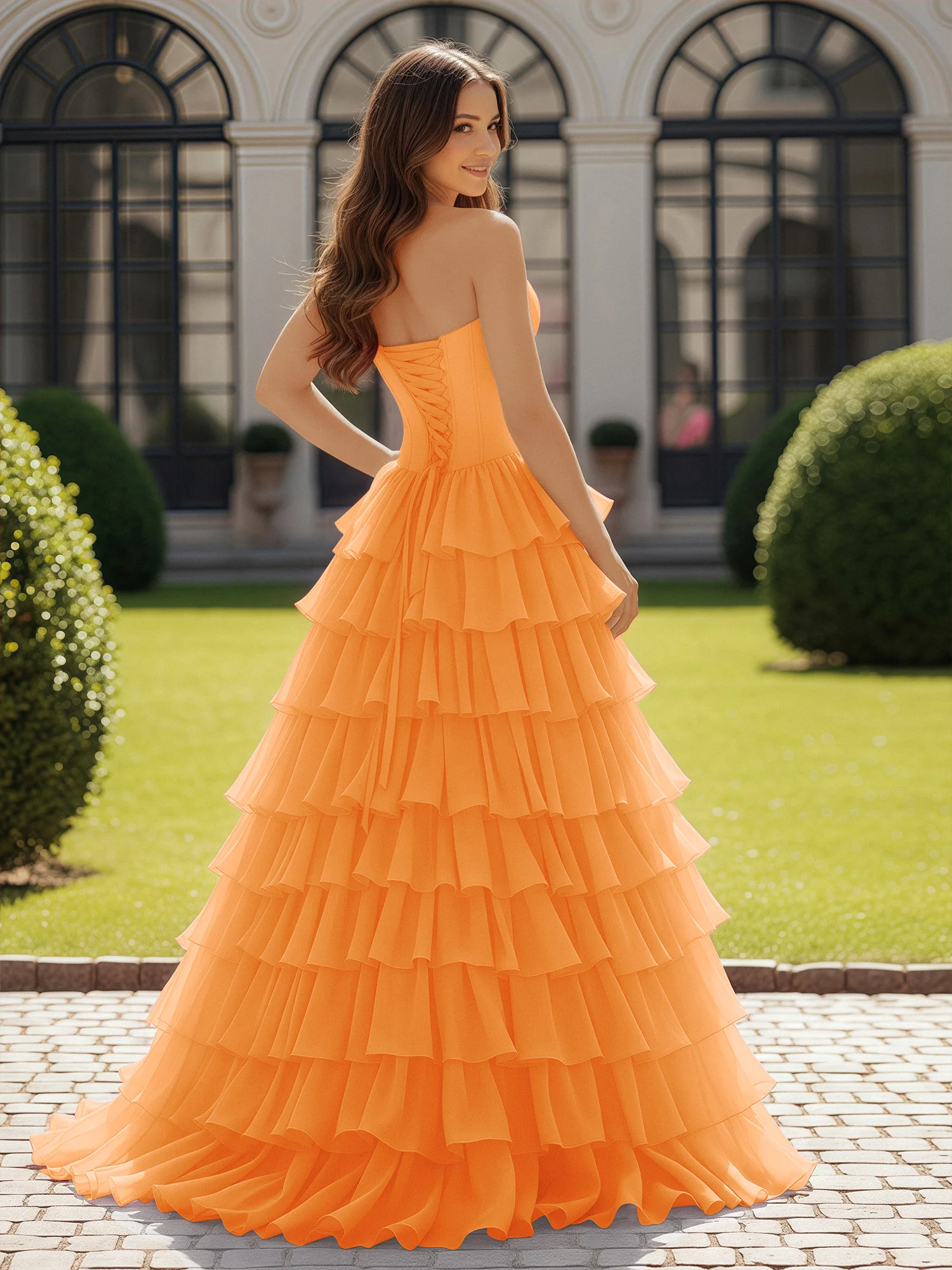 Ball Gown Strapless Chiffon Ruffle Prom Dress With Bow Orange - Image 2
