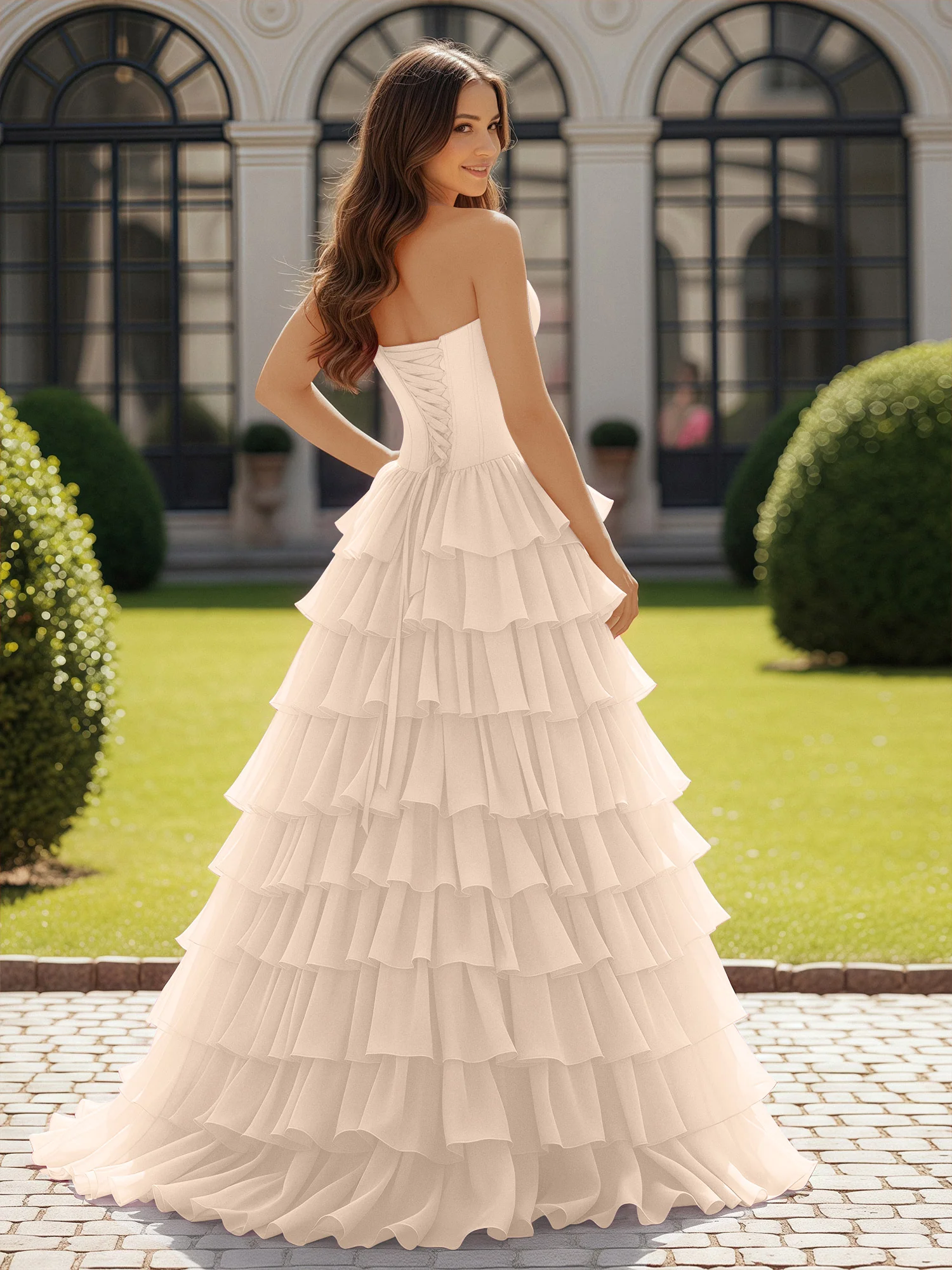 Ball Gown Strapless Chiffon Ruffle Prom Dress With Bow Peach - Image 2