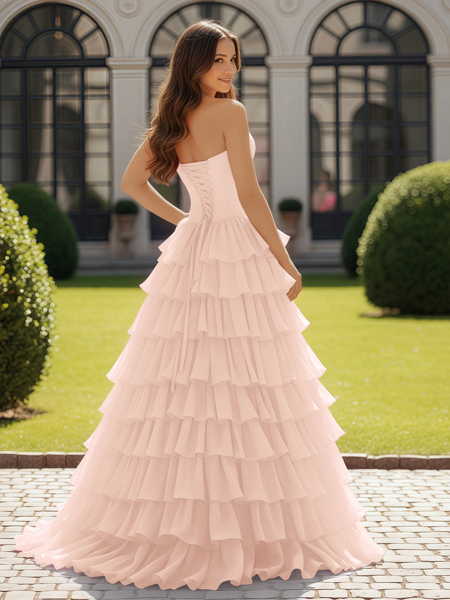 Ball Gown Strapless Chiffon Ruffle Prom Dress With Bow Pearl Pink - Image 2