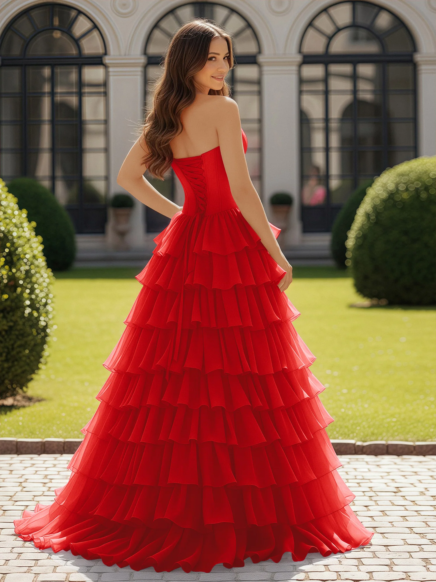 Ball Gown Strapless Chiffon Ruffle Prom Dress With Bow Red - Image 2