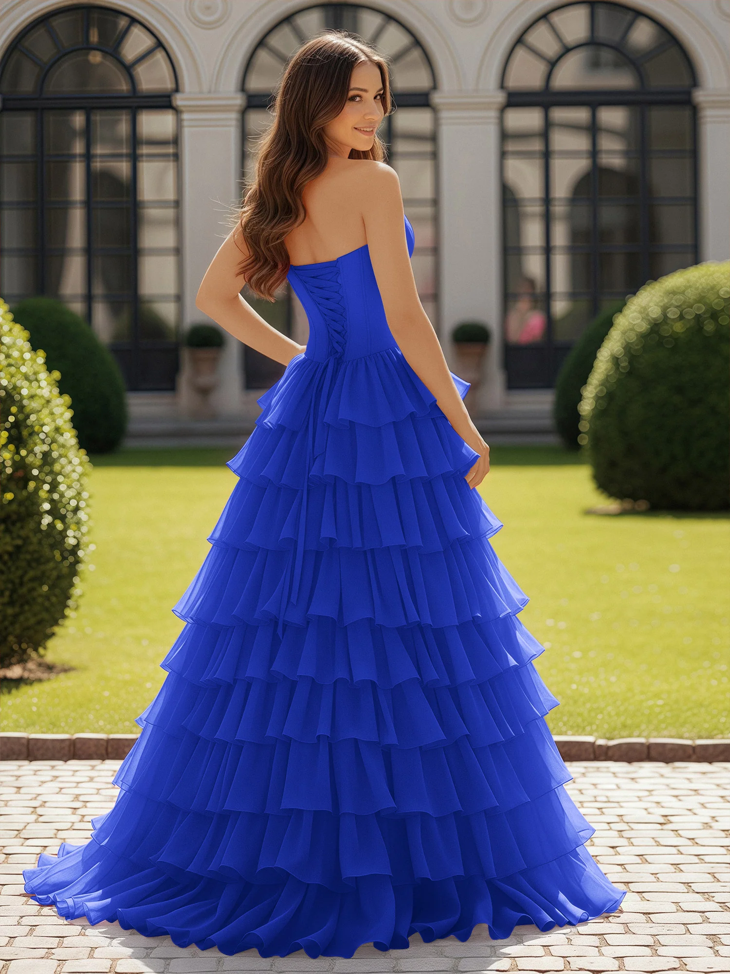 Ball Gown Strapless Chiffon Ruffle Prom Dress With Bow Royal Blue - Image 2