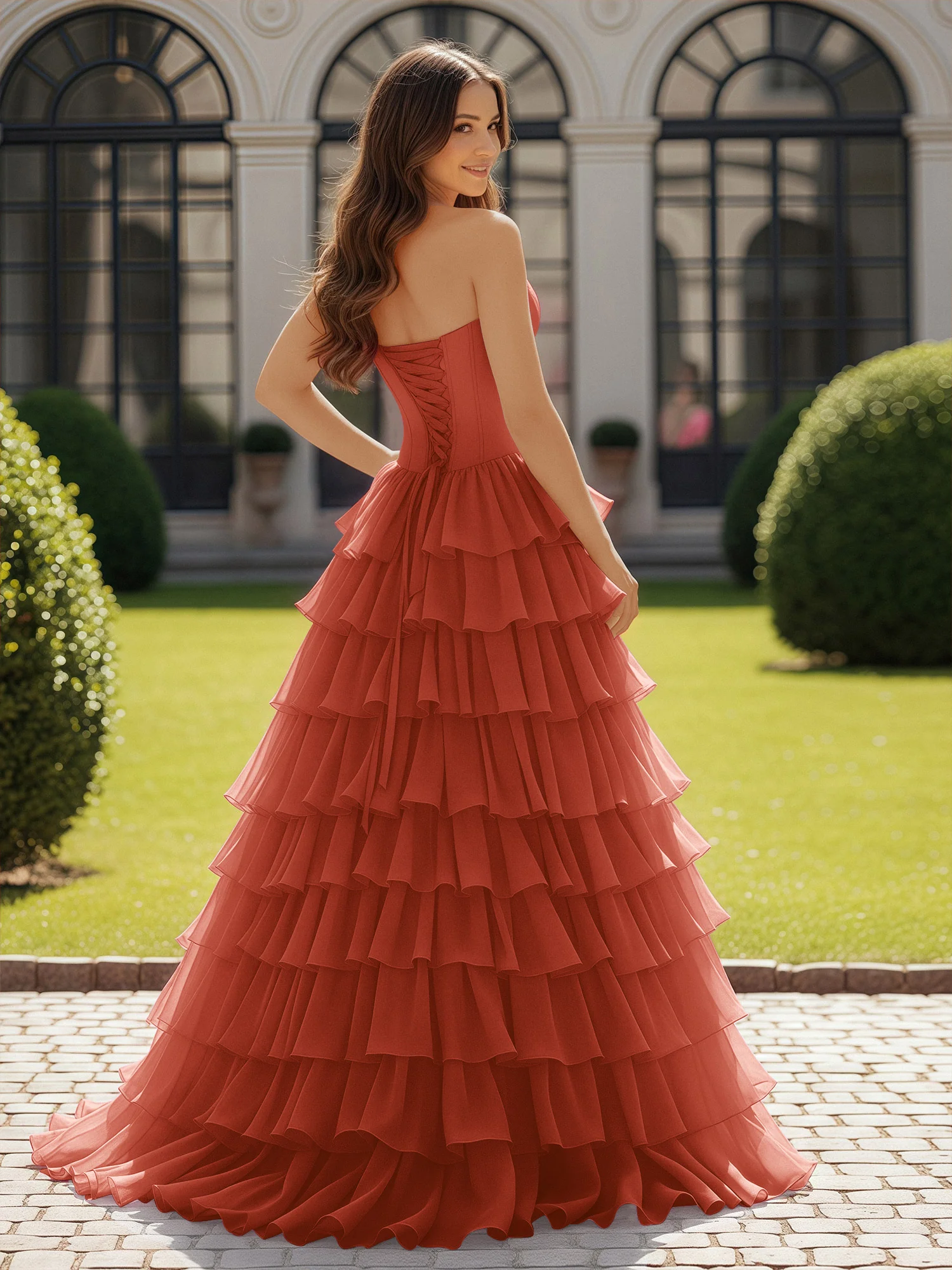 Ball Gown Strapless Chiffon Ruffle Prom Dress With Bow Rust - Image 2