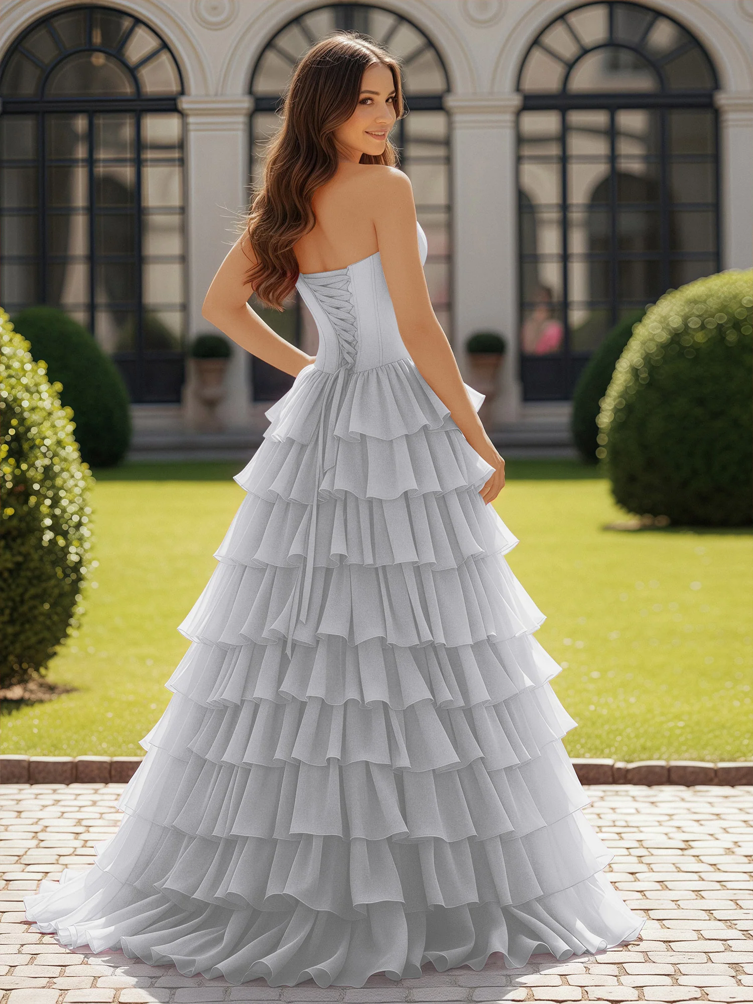 Ball Gown Strapless Chiffon Ruffle Prom Dress With Bow Silver - Image 2