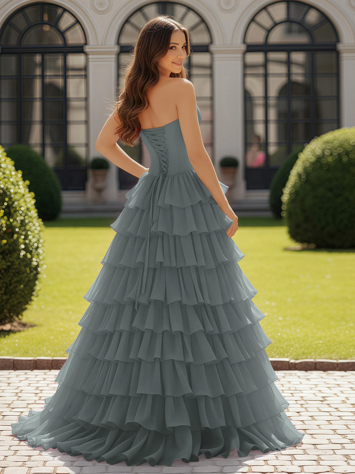 Ball Gown Strapless Chiffon Ruffle Prom Dress With Bow Steel Grey - Image 2