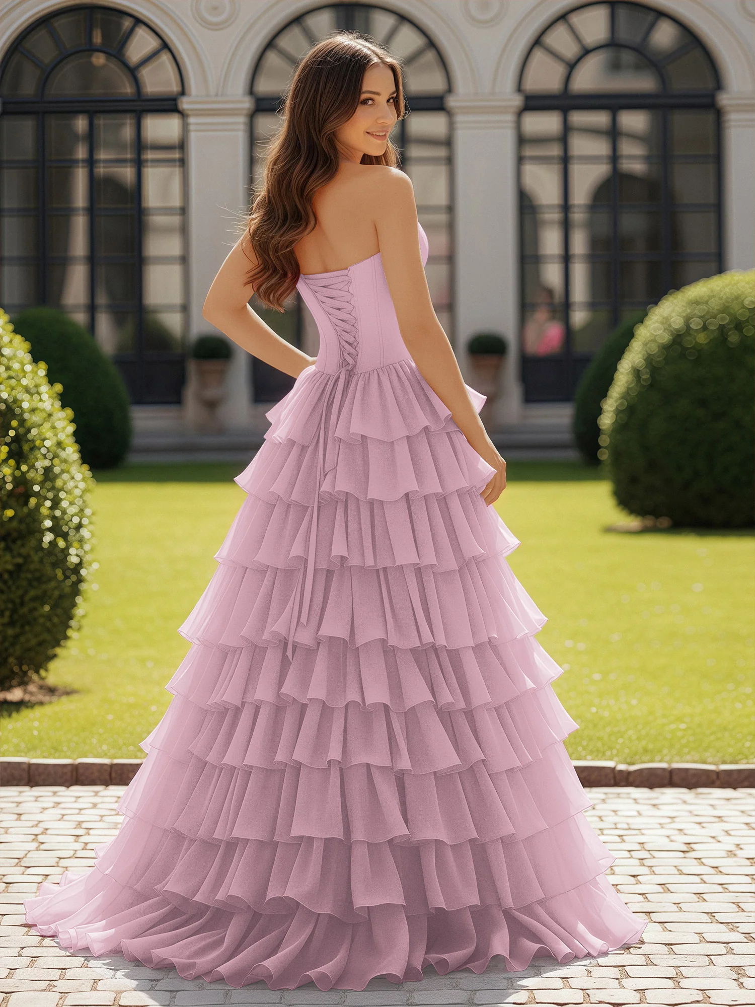 Ball Gown Strapless Chiffon Ruffle Prom Dress With Bow Vintage Mauve - Image 2