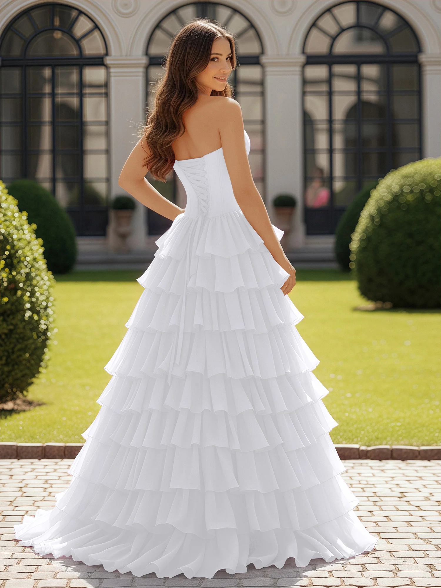 Ball Gown Strapless Chiffon Ruffle Prom Dress With Bow White - Image 2