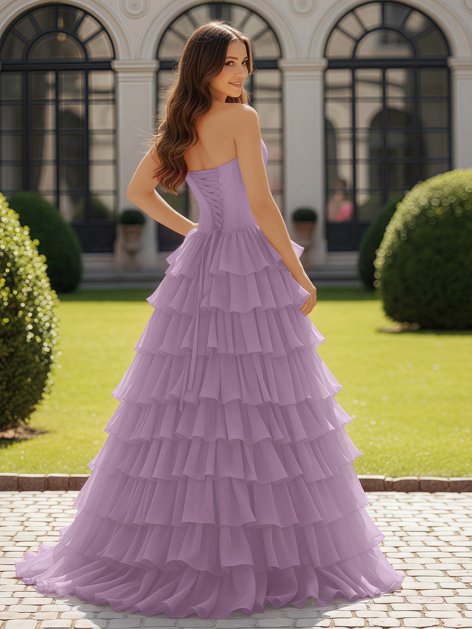 Ball Gown Strapless Chiffon Ruffle Prom Dress With Bow Wisteria - Image 2