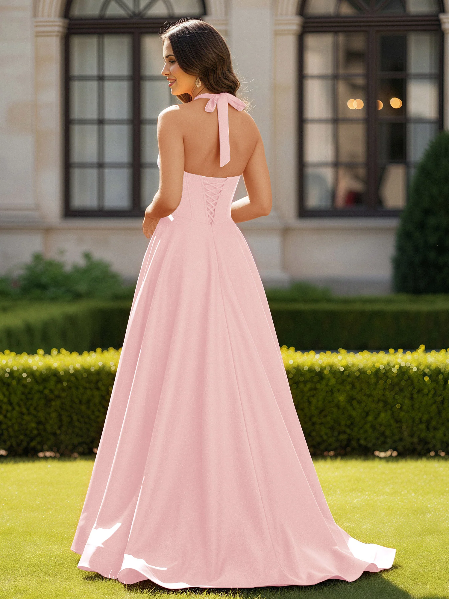 Halter Neck Sleeveless Satin Graceful Prom Dress Blushing Pink - Image 2